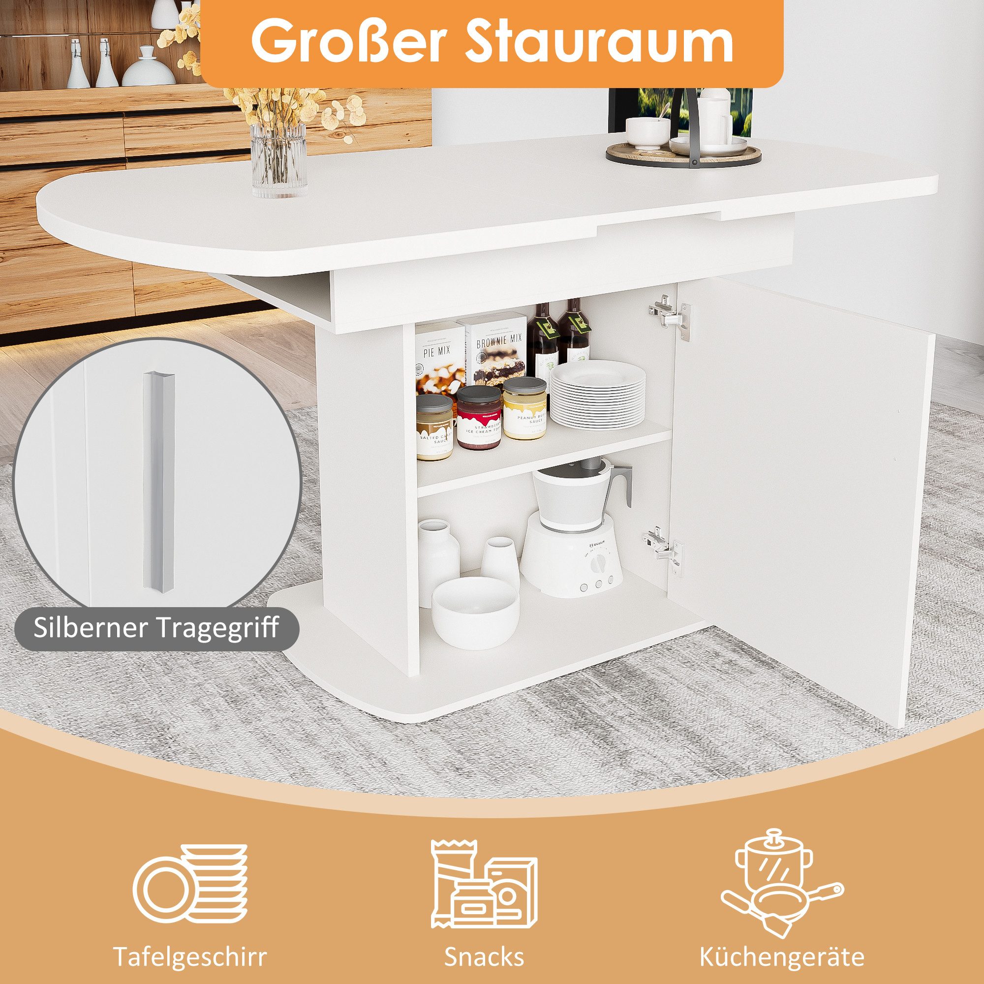 HAUSS SPOLE Esstisch 110/130x70x75cm, Ausziehbarer ovaler Esstisch mit Stauraum, weiß (Arbeitstisch, Schreibtisch,Küchentisch, 1-St., 2 Staufächer und 1 Aufbewahrungsschränke), ovaler, ausziehbar 110-130cm Tischplatte,mit Stauraum