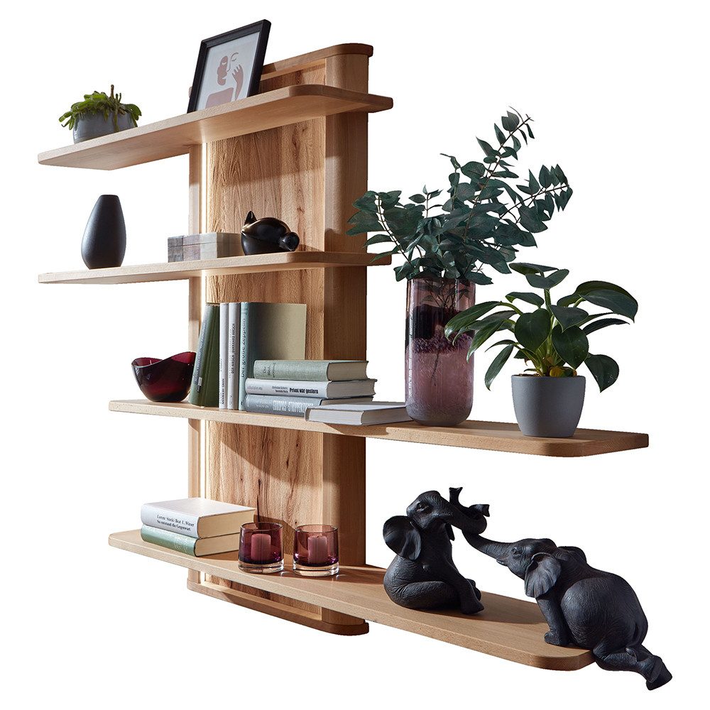 Lomadox Wandregal WELLAND-69, 160 cm breit, Kernbuche massiv geölt mit LED-Beleuchtung