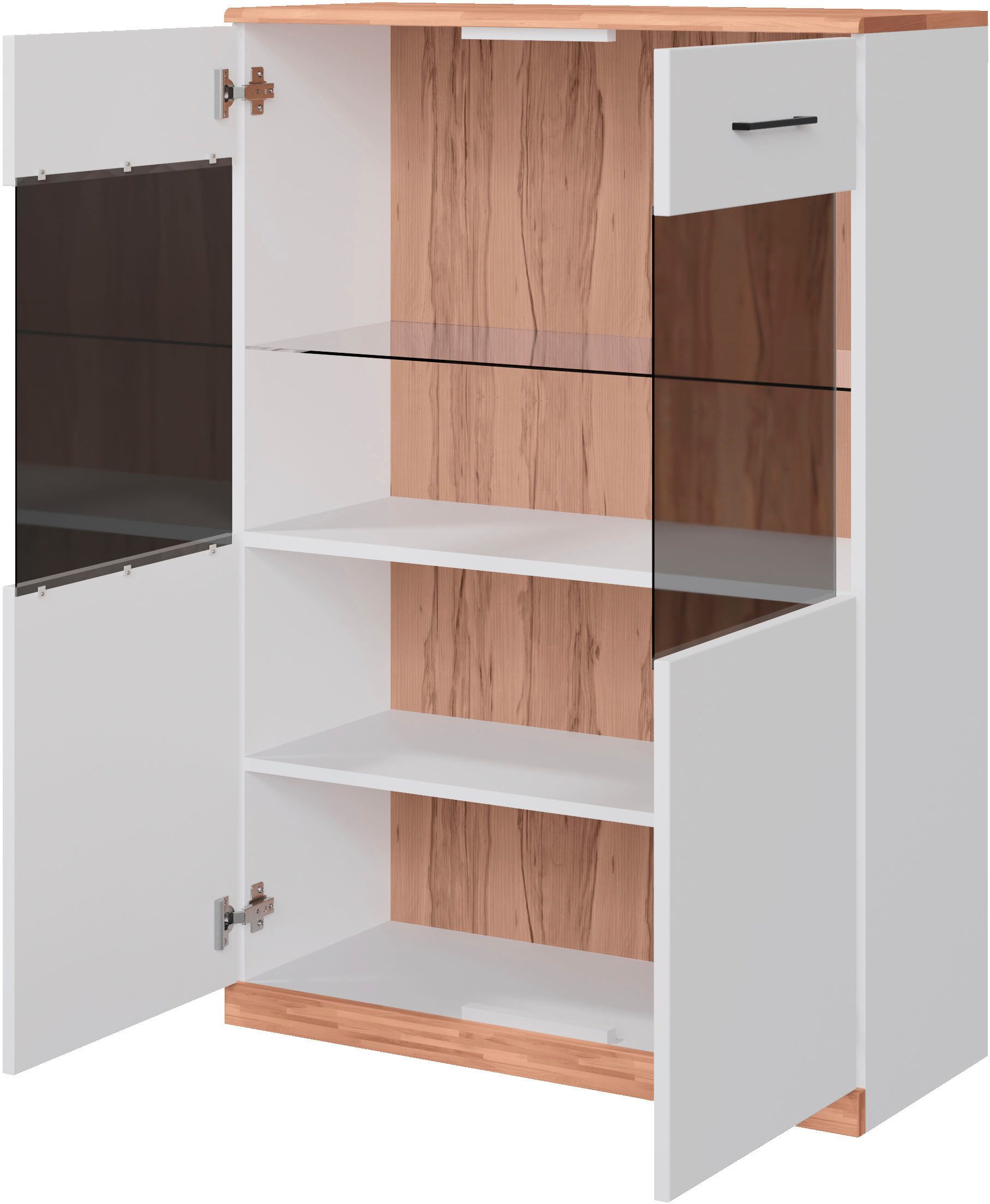 OTTO home Vitrine Ribe, 125 cm hoch, Fronten Massivholz, 4 breite Fächer Korpus Holzwerkstoff, 2Türen mit Glaseinsatz, einlegeboden verstellbar