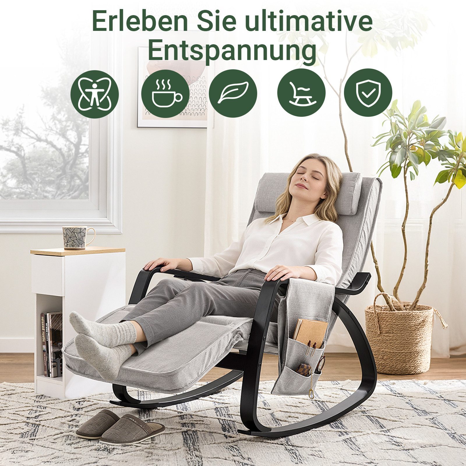 SoBuy Schaukelstuhl FST20, Gepolsterter Schaukelsessel für Wohnzimmer & Schlafzimmer, Schwingsessel Relaxsessel mit Tasche 5-Fach verstellbares Fussteil