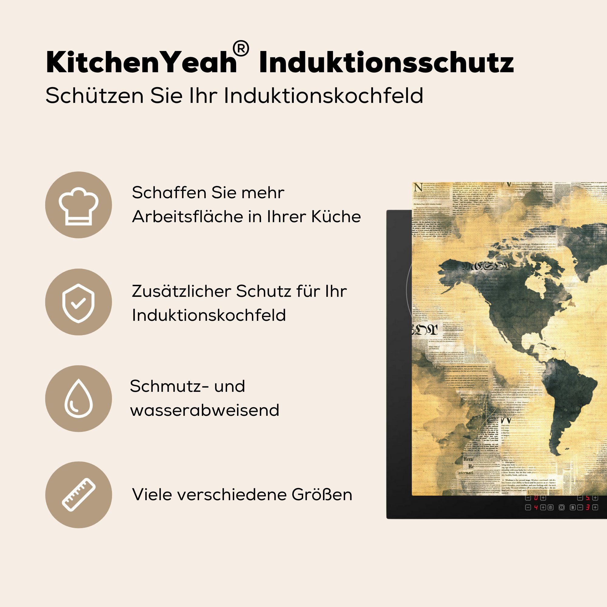MuchoWow Herdblende-/Abdeckplatte Weltkarte - cm, 81x52 küche, tlg), Schutz (1 Gold für Induktionskochfeld die Zeitungen, Vinyl, Ceranfeldabdeckung 