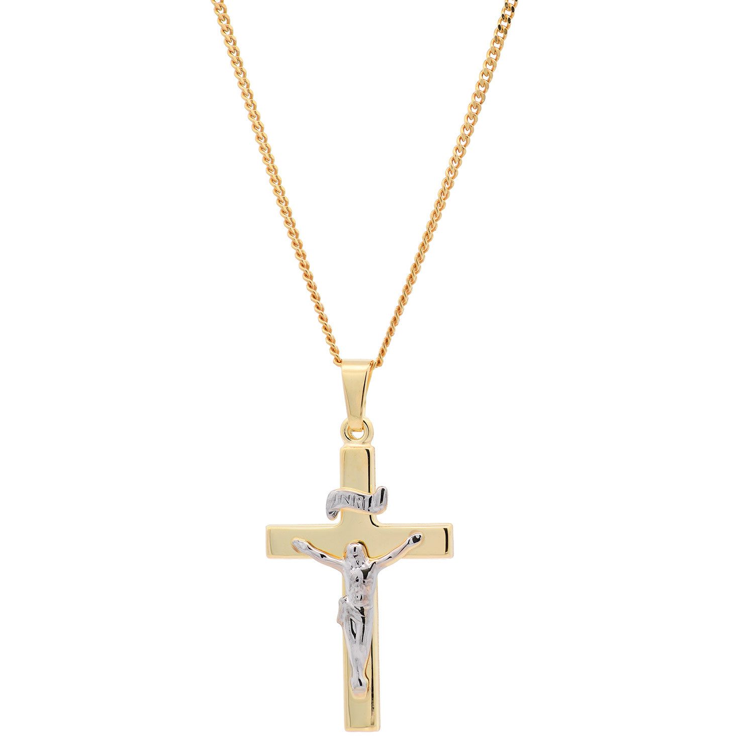 HOPLO Kreuzanhänger Anhänger Kreuz Korpus 585 Gold mit vergoldeter Silberkette 36 cm, Made in Germany