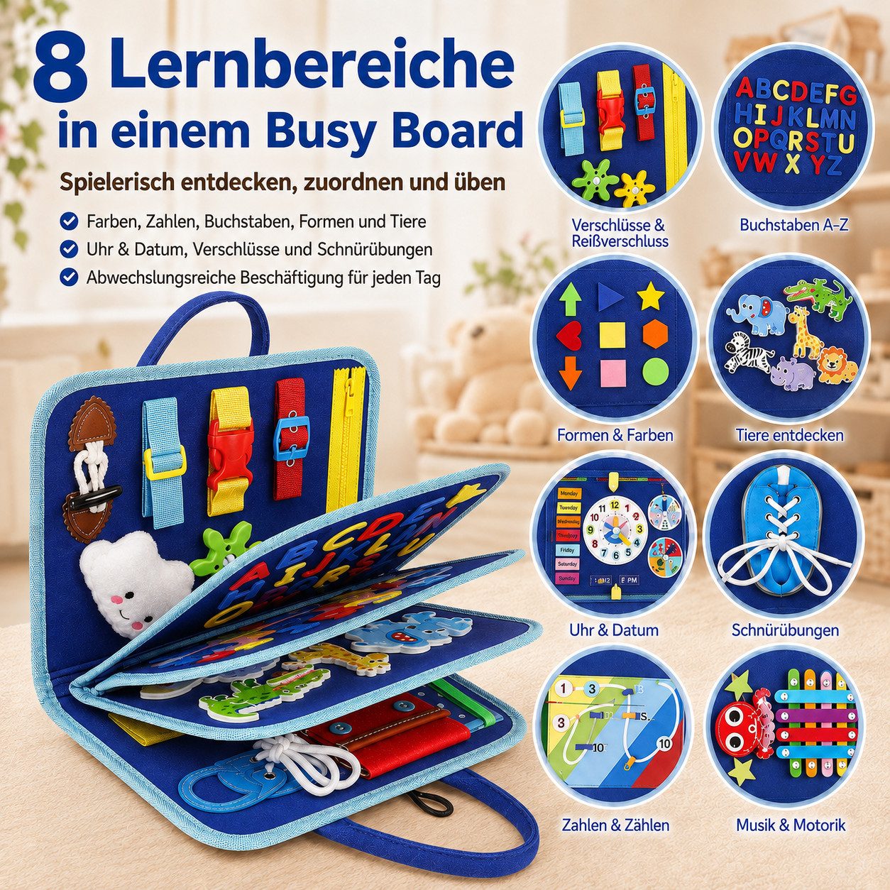 Fyrove Lernspielzeug Montessori Busy Board ab 10 Monaten, Filz-Lernspielzeug (Reißverschluss, Schnallen, Zahlen, Buchstaben, Formen, Uhr & Datum, tragbares Lernboard für Auto, Reisen und Zuhause im PKW)
