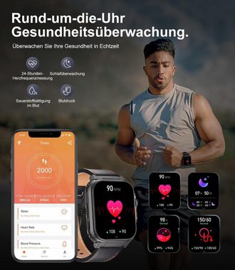 Lige Smartwatch (1,96 Zoll, Android iOS), Herren Telefonfunktion 600mAh 123 Sportmodi Sportuhr IP68 Wasserdicht