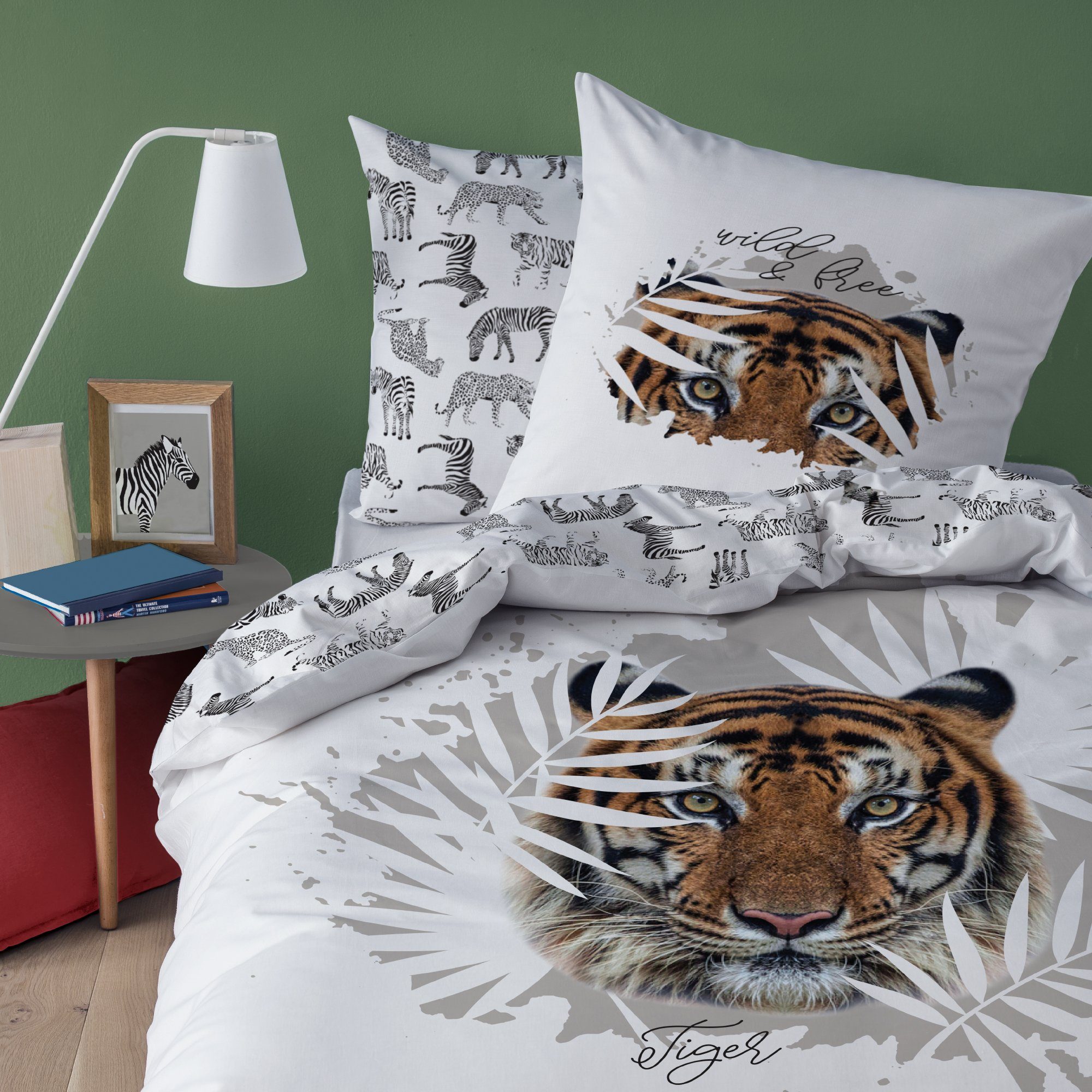Bettwäsche Tiger 135x200 + 80x80 cm, 100 % Baumwolle, MTOnlinehandel, Renforcé, 2 teilig, Wild & Free Safari Bettwäsche-Set für Kinder, Teenager & Erwachsene
