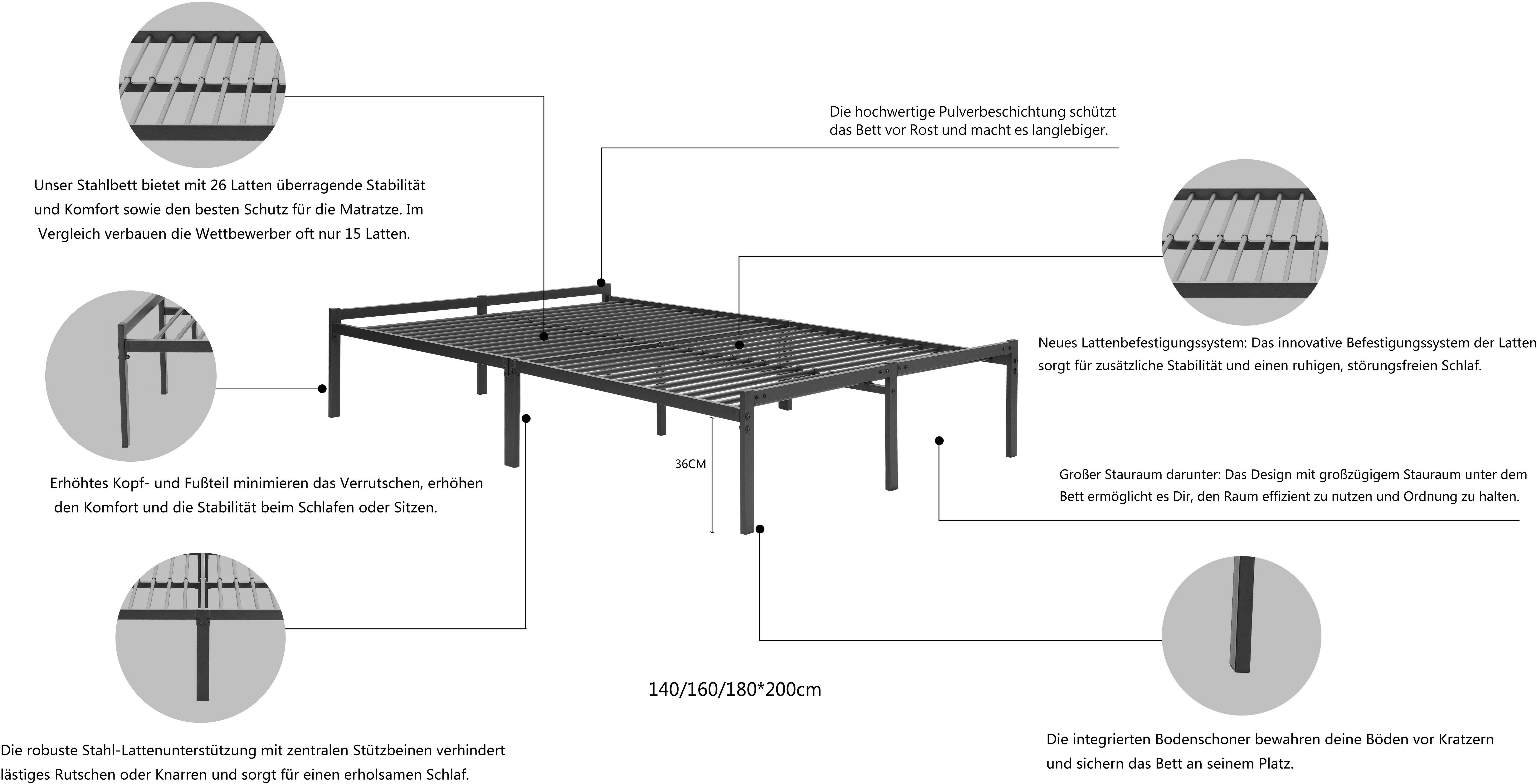 OTTO home Metallbett LIST Bett Bettgestell Bettrahmen Einzelbett Doppelbett (Stahlbett schwarz in TOP Qualität und 4 Breiten), Bett mit 26 Lattenroste zum Schutz der Matratze Bestseller