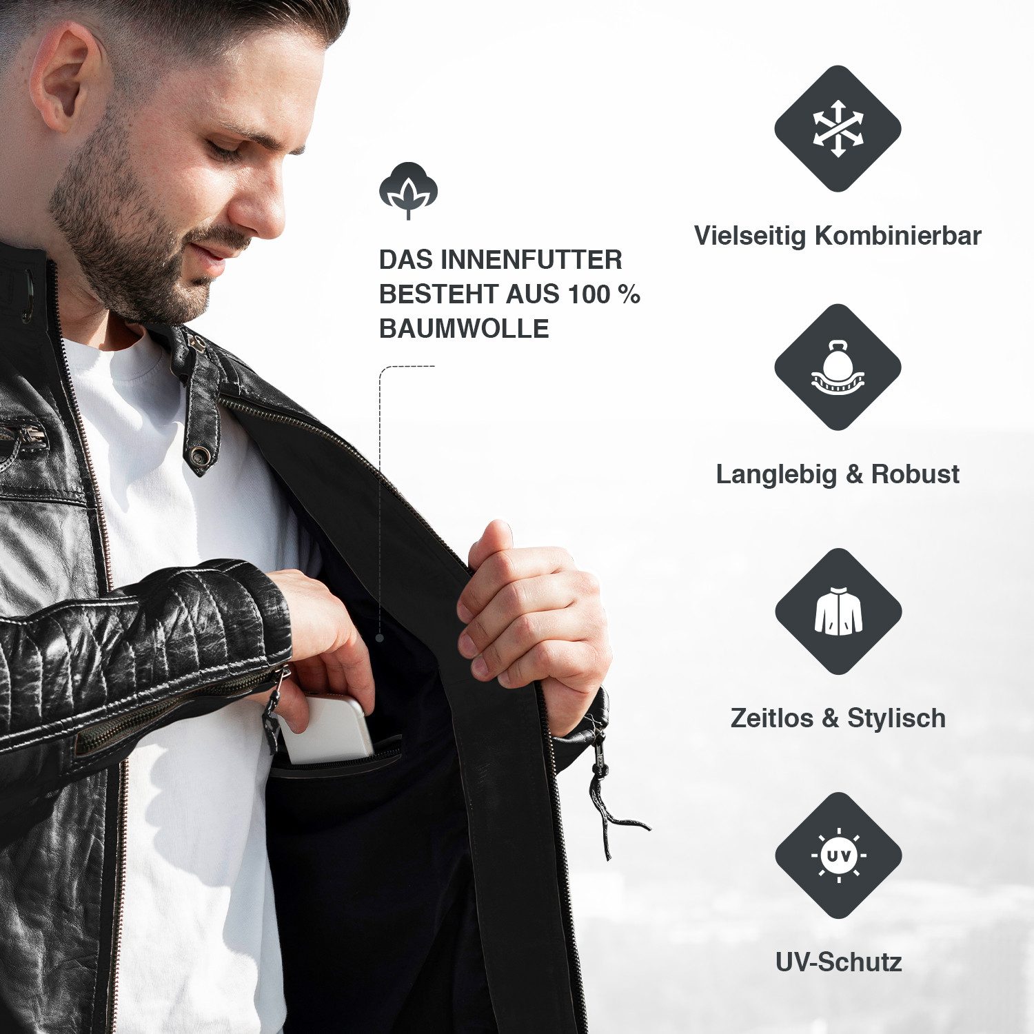 PAULGOS Lederjacke Herren Jacke Übergangsjacke Biker Look 100% Echtleder D1 – Bild 5 von 5