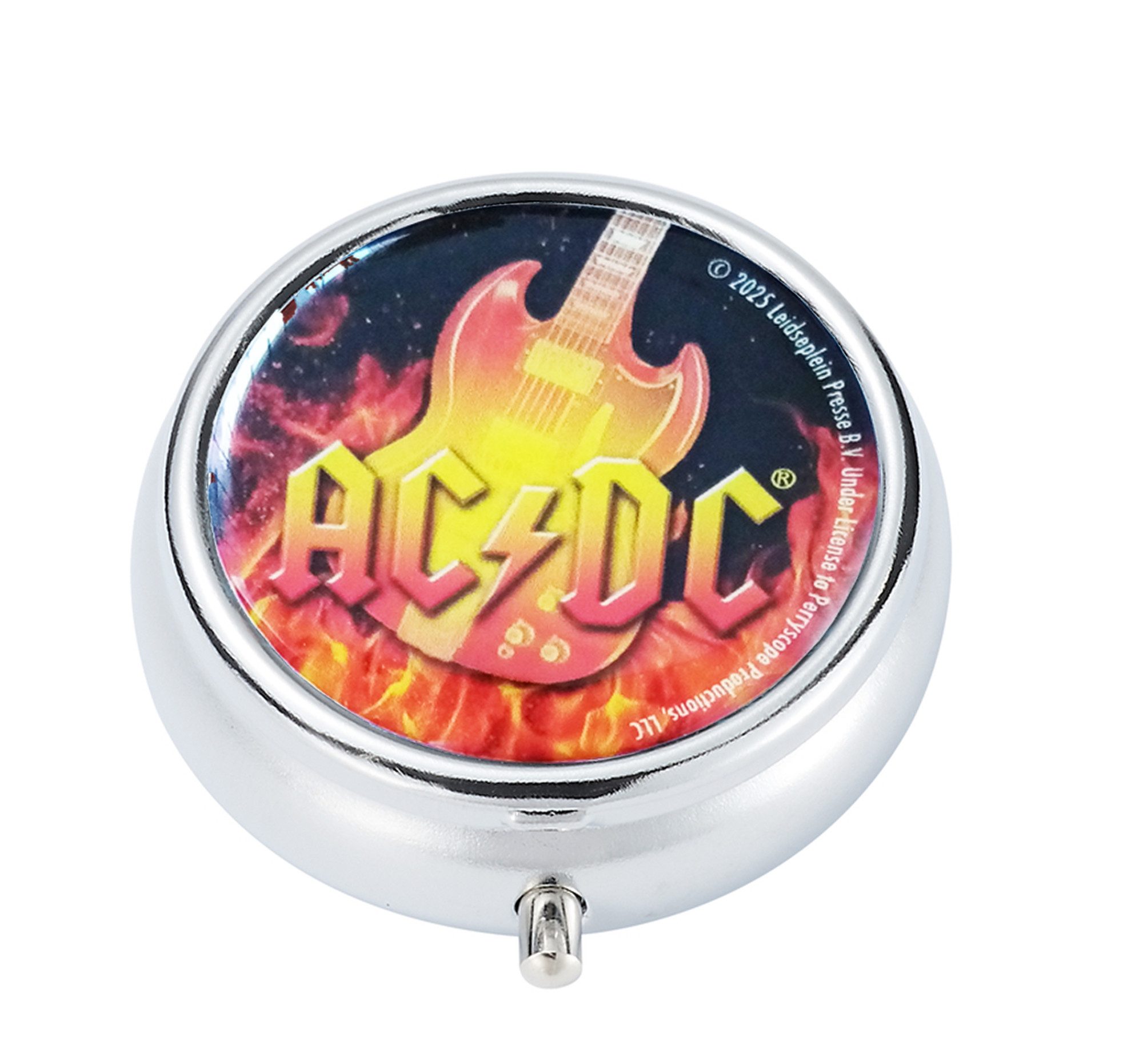 CHAMP Aschenbecher Taschen ASCHENBECHER "AC/DC" Ø5cm Deckel aus Metall rund 81 (Gitarre), mit Ablagefläche Taschenaschenbecher Reise Outdoor Reiseaschenbecher