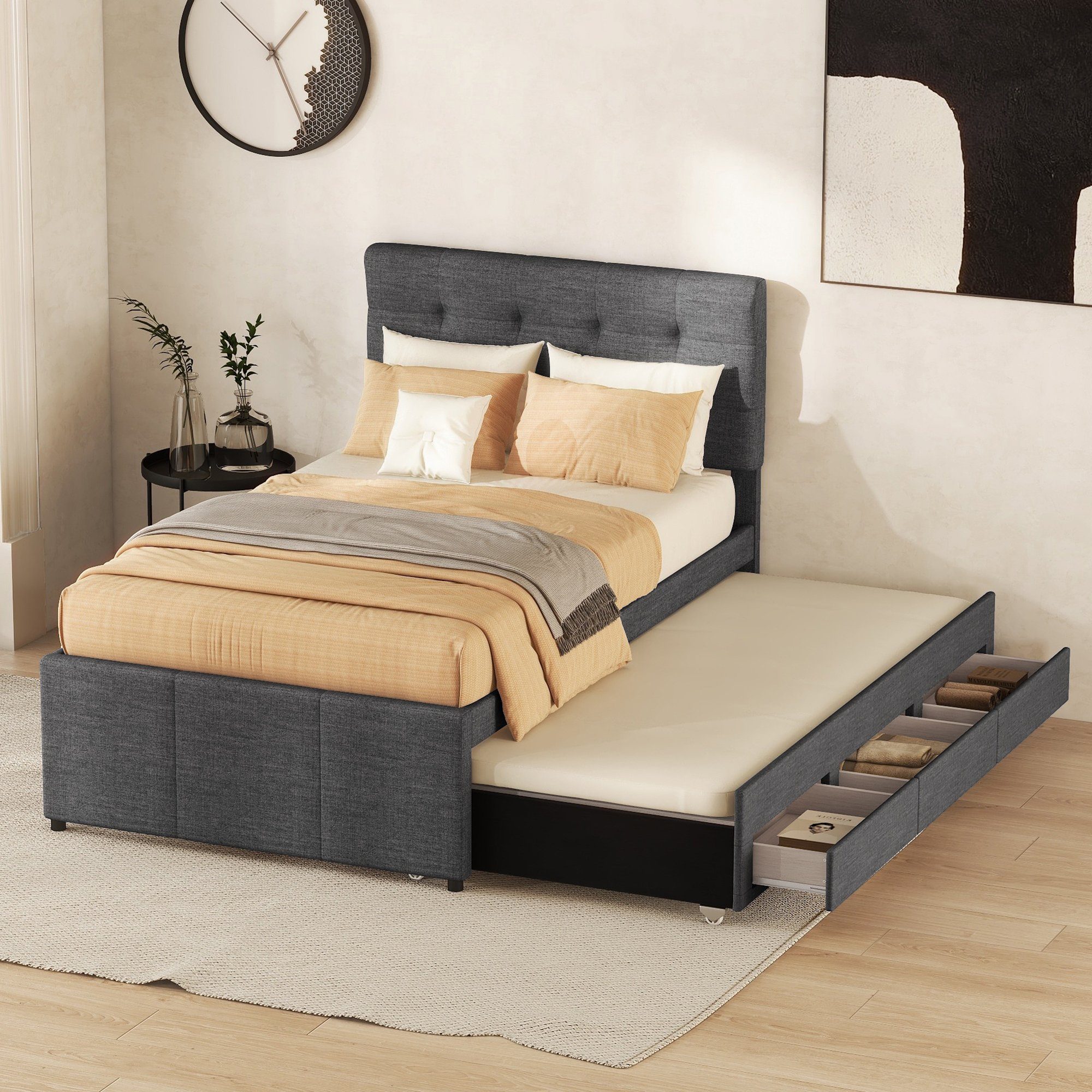 Ulife Polsterbett Doppelbett ausziehbares Bett Familienbett, Verstellbares Kopfteil, mit drei Schubladen, 90 x 200 cm