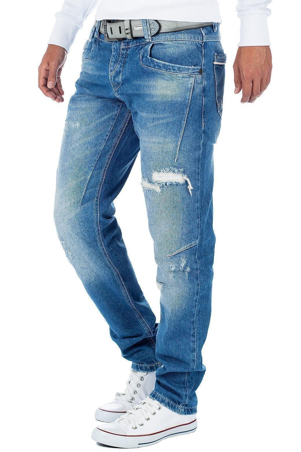 Cipo & Baxx Bikerjeans Herren Regular Fit Jeans Stonewashed BA-CDB104BANS Blau mit Destroyed Effekten