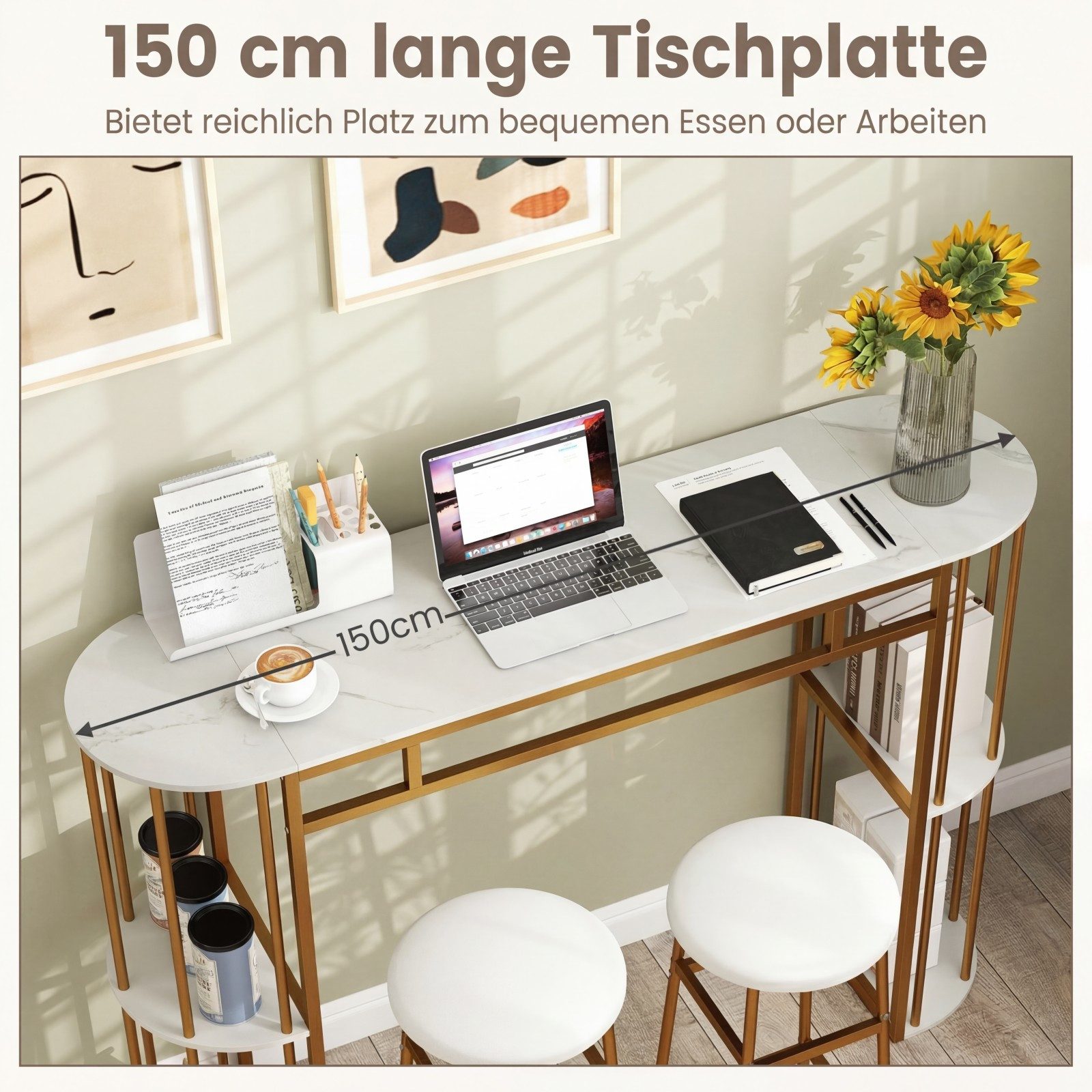KOMFOTTEU Bartisch, schmaler Küchentheke mit 4 halbrunde Regale & Metallrahmen