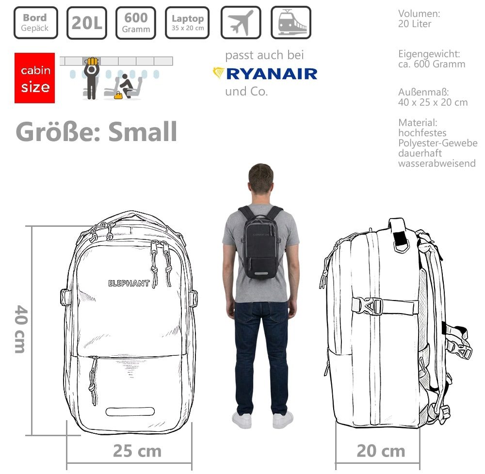 ELEPHANT Reiserucksack klein Handgepäck Flugzeug Laptopfach Rucksack (Set, inkl. Koffergurt), für Ryanair 40x25x20 cm 20 L Gepäck Travel ECO small 13131 + Gurt