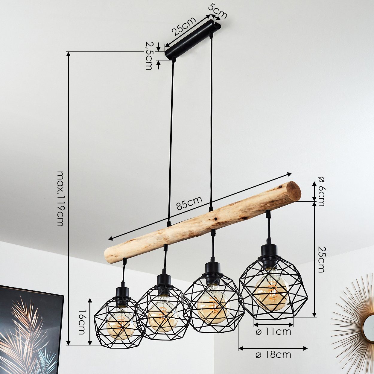 hofstein Pendelleuchte »Torano« längliche Hängelampe aus Metall/Holz in Schwarz/Braun, ohne Leuchtmittel, 4xE27, Höhe max. 119cm, Hängeleucht m. Gitter-Optik, R – Bild 4 von 5