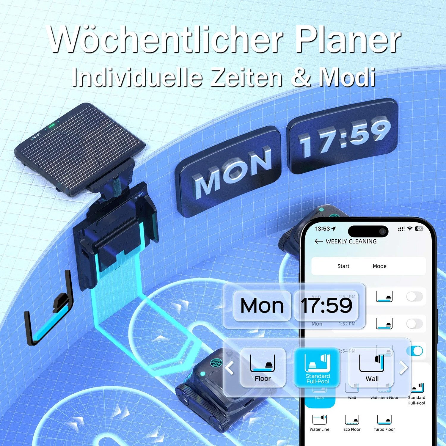 WYBOT Poolroboter S2 Solar kabellos integr. Solarenergie Oberfläche Boden, Solarbetriebene Selbstlade-Dockingstation