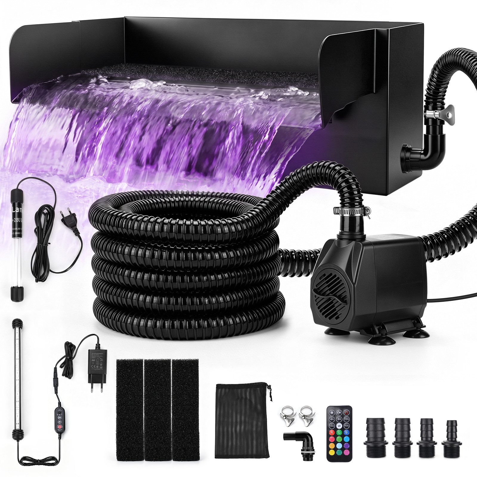 XIIW Wasserspiel LED Pool Wasserfall mit UVC-Lampe Pumpe Filter Gartenteich Bachläufe, 31 cm Breite, (Set, Edelstahl-Auslauf, RGB-Licht und Fernbedienung), für Terrassenbecken Steingarten-Wasserfälle Gartenteiche Fischteiche