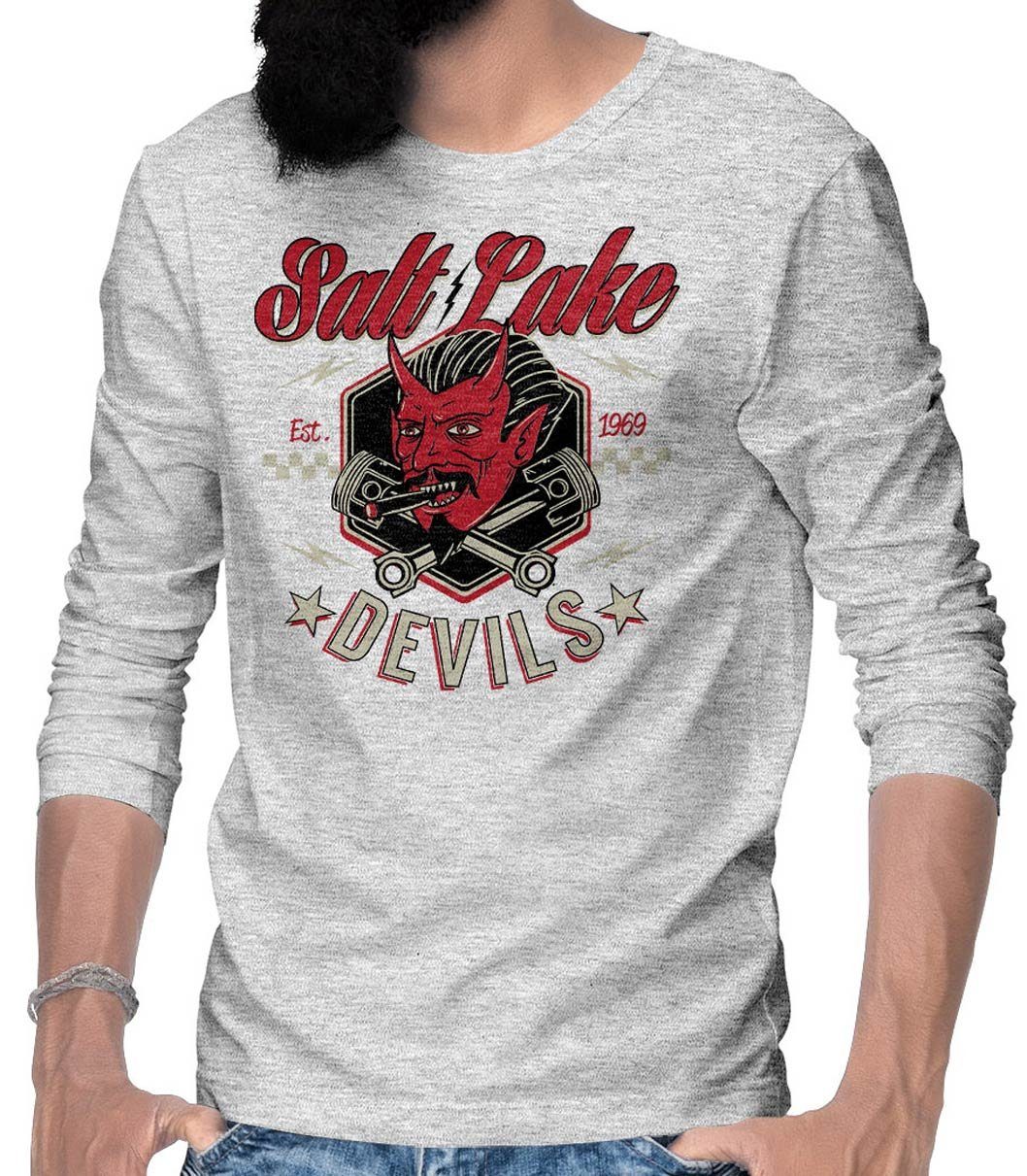 Rebel On Wheels Longsleeve Herren Langarm T-Shirt Longsleeve Tee Salt Lake Devils mit Hotrod / US-Car Motiv Grau Melange