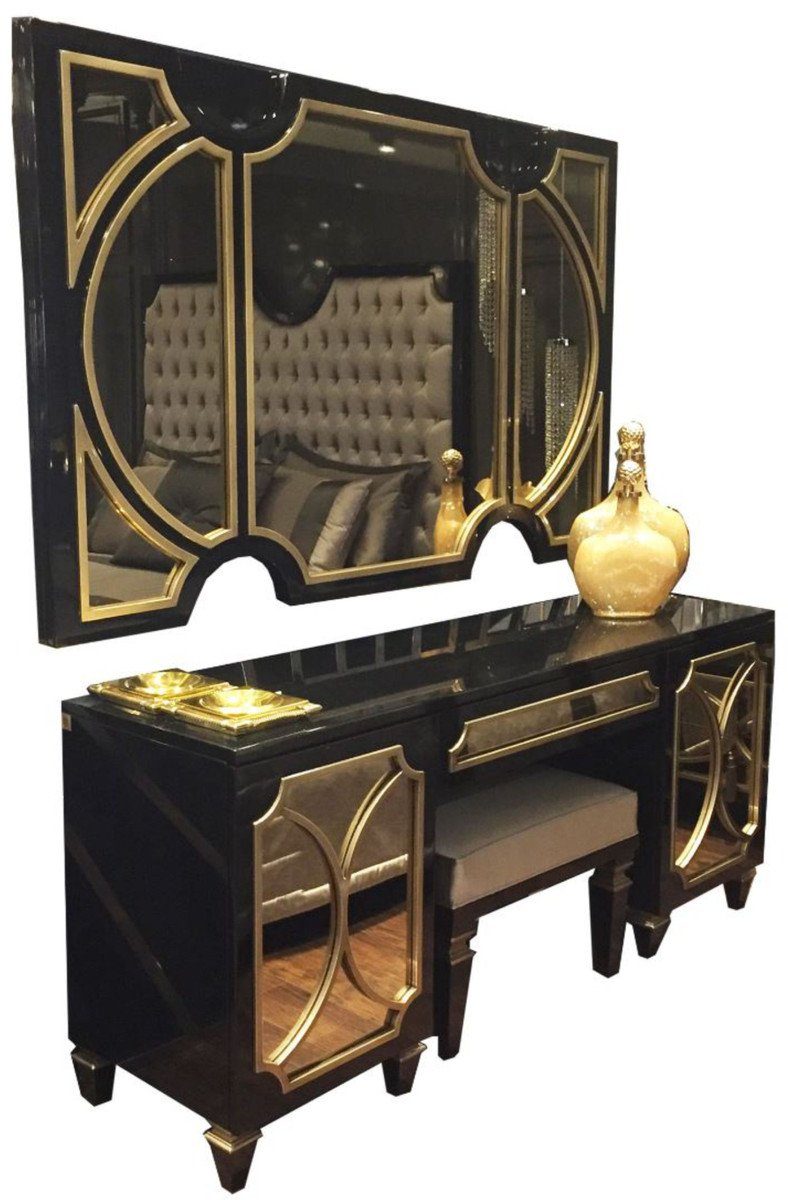 Casa Padrino Kleiderschrank Luxus Barock Schlafzimmer Set Schwarz / Gold - 1 Wandspiegel & 1 Kommode & 1 Sitzhocker - Schlafzimmer Möbel - Edel & Prunkvoll