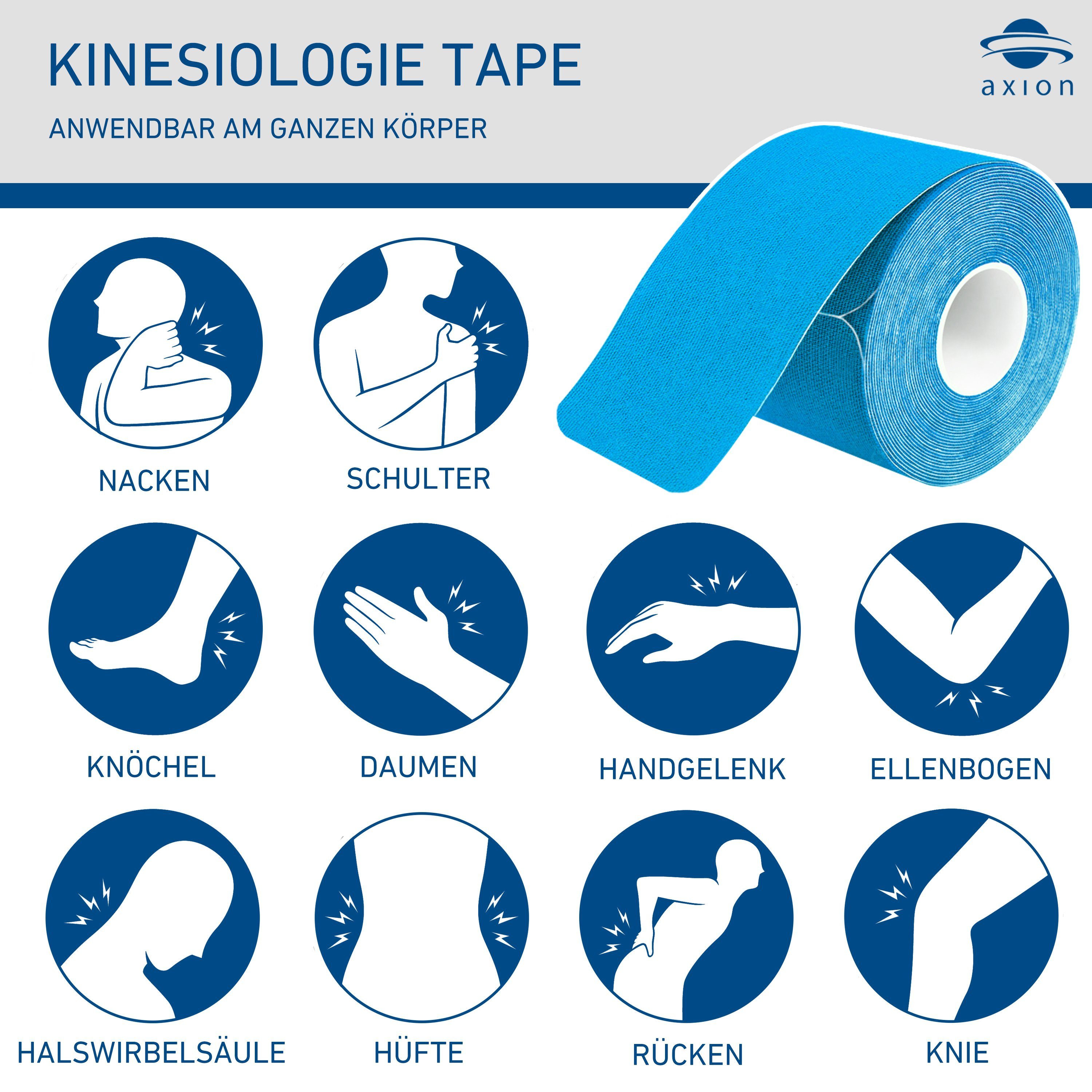 Axion Kinesiologie-Tape PRECUT 6er Mix-Set, je 20 vorgeschnittene Sport Tapes 25 x 5 cm (Set, 6-St) MEDIZINPRODUKT • Wasserfest • hautfreundlich • elastisch – Bild 5 von 5