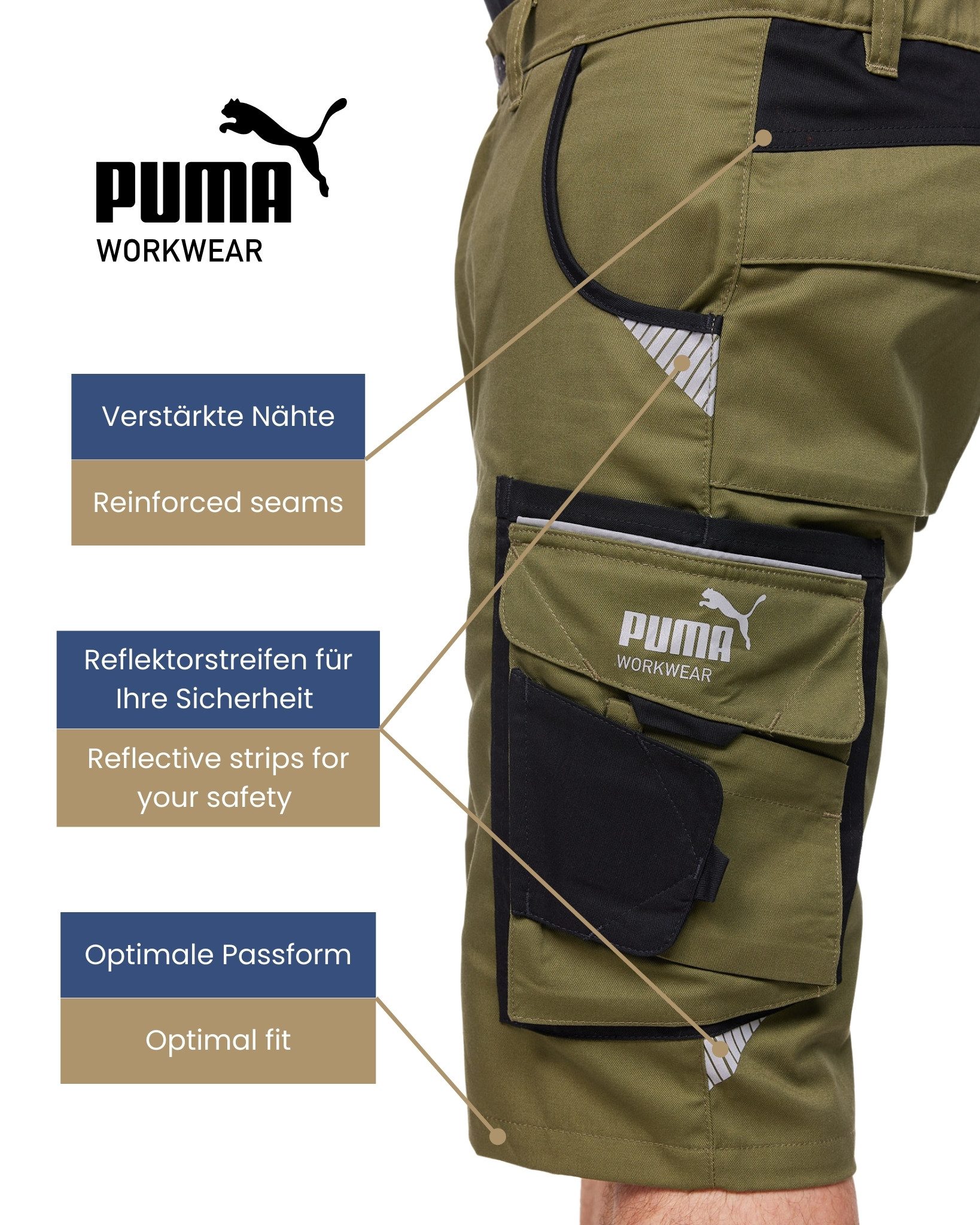 PUMA Workwear Arbeitsshorts PRECISION X - kurze Arbeitshose Herren - Bequeme Passform Robustes und flexibles Material mit Reflektoren - Praktische Taschen