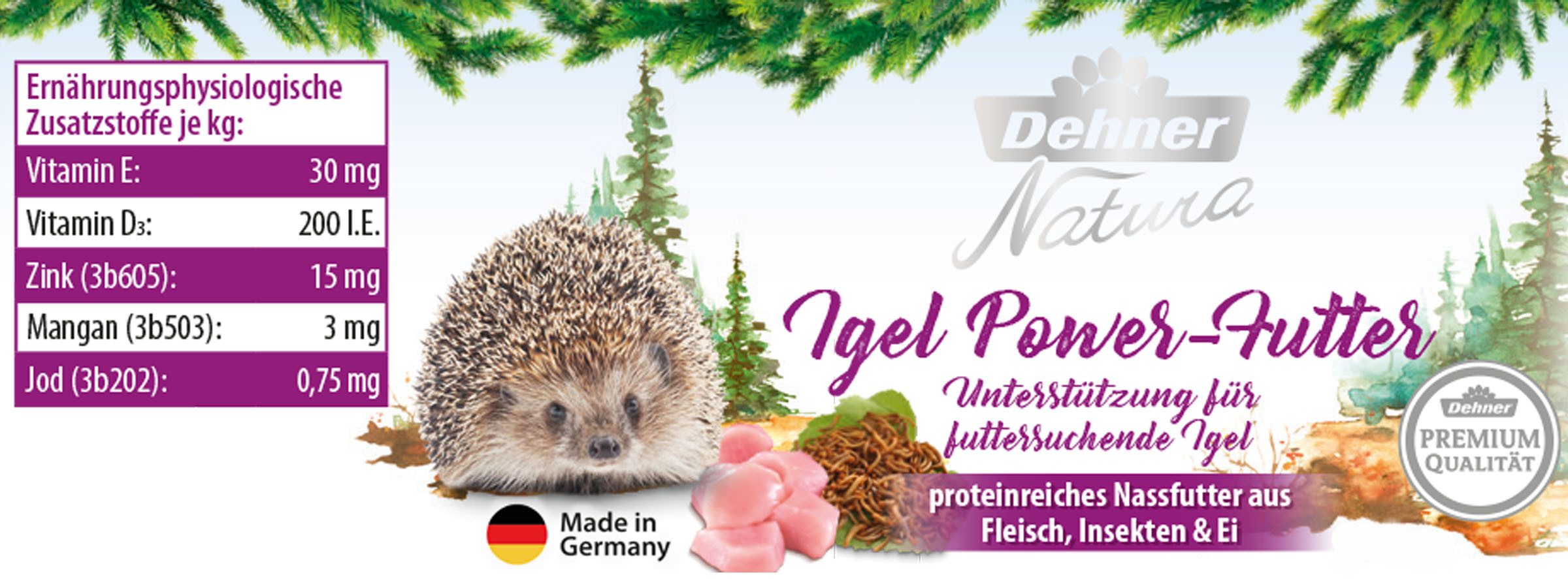 Dehner Natura Premium Igel-Power, Nassfutter, 6 x 190 g (1.14 kg), für: Igel, artgerecht aus Fleisch, Insekten, Ei