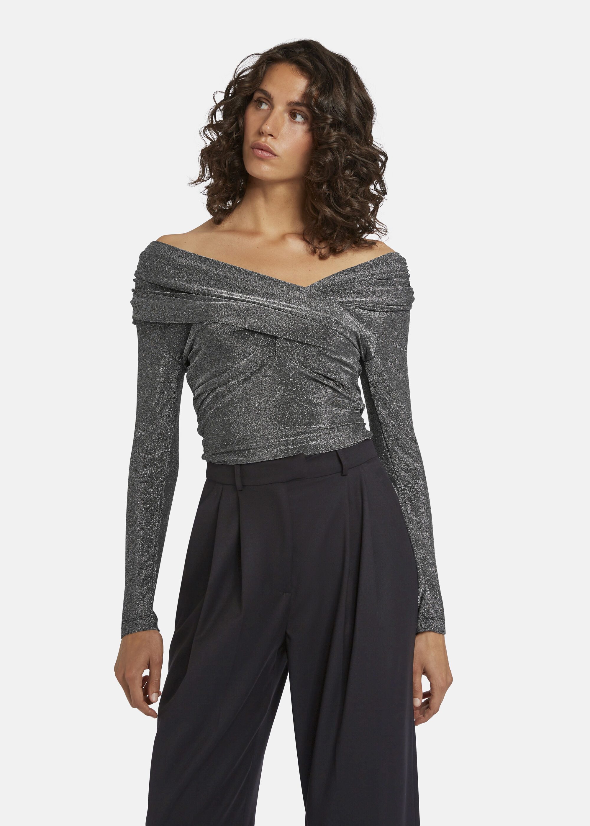 Nicowa Langarmshirt AWILONO (1-tlg) mit Bardot-Ausschnitt aus Jersey-Lame