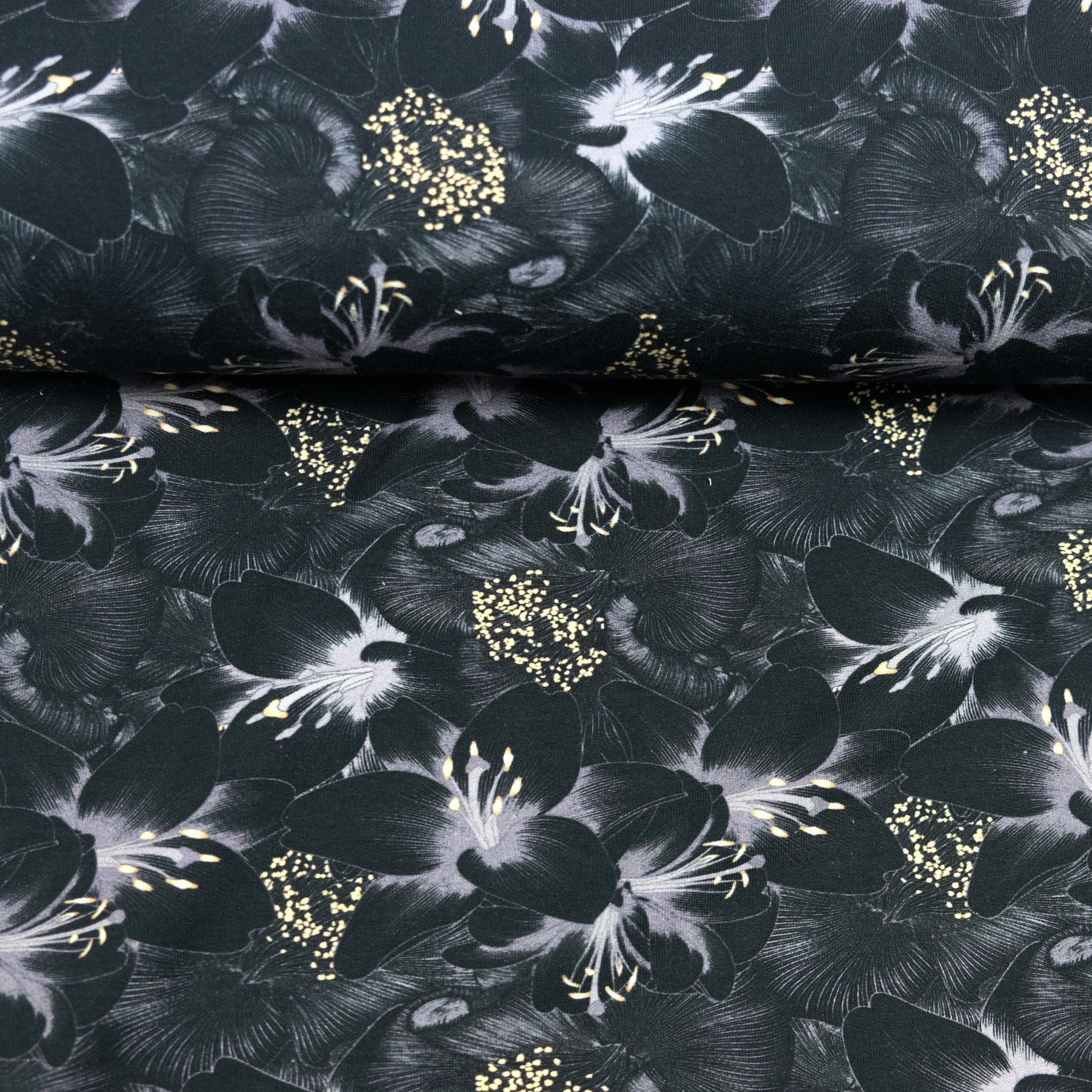 larissastoffe Stoff French Terry Stoff Lilien – Blumen Sweat Meterware Schwarz Anthrazit, Meterware, 50 cm x 150 cm