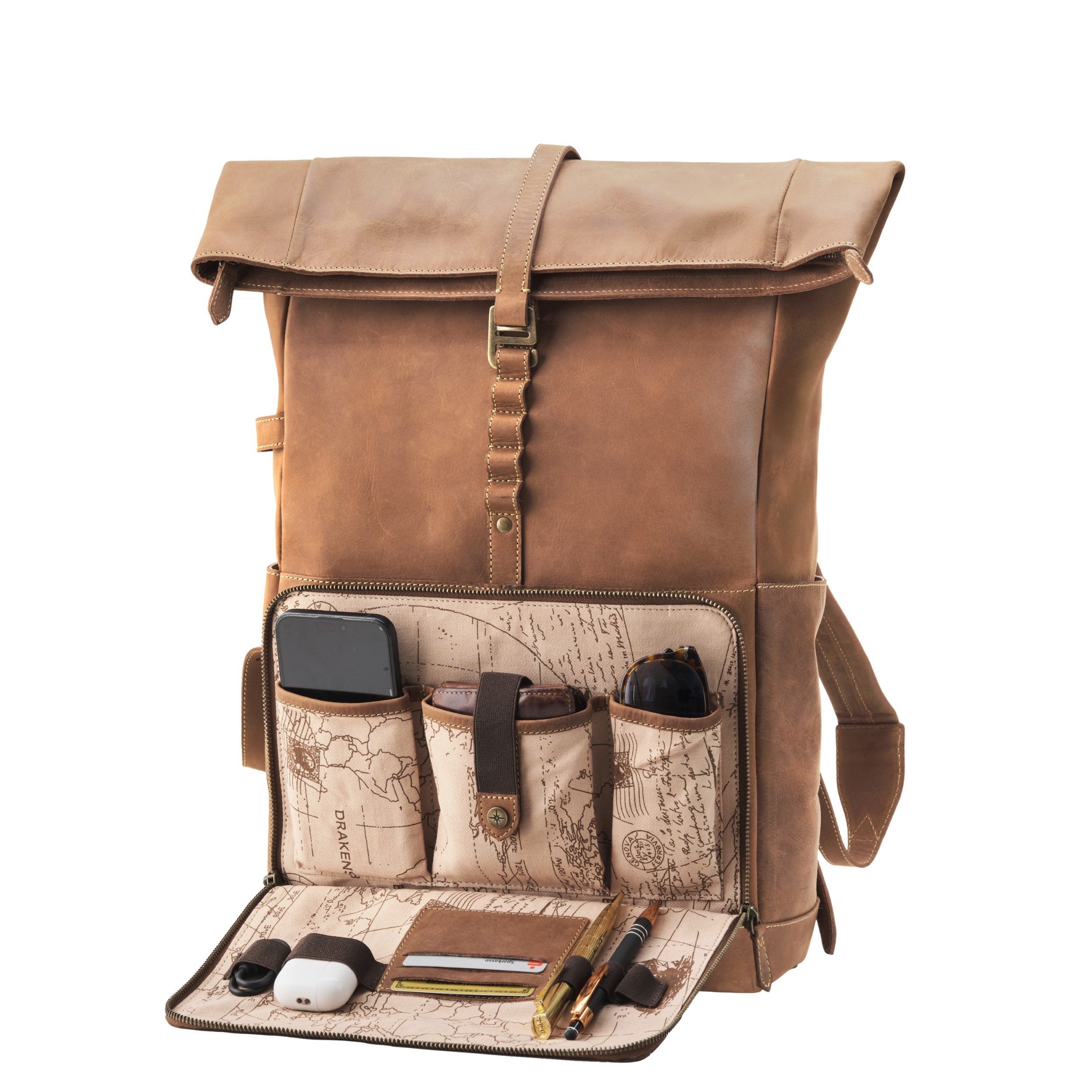DRAKENSBERG Reiserucksack Roll-Top »Arthur« Havanna-Braun, 17" Laptoprucksack mit Organizer Fach für Zubehör, wasserabweisend