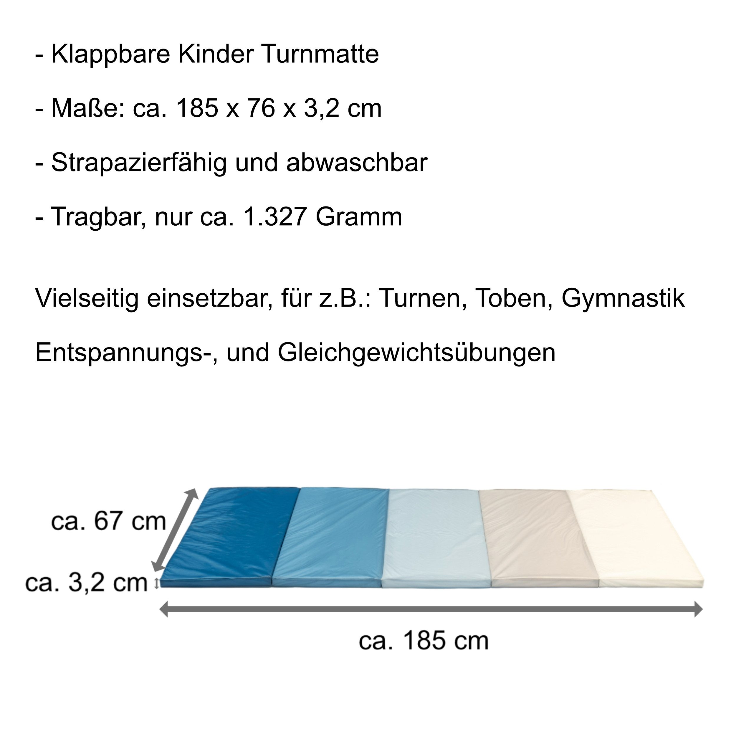 Little Tiger® Weichbodenmatte Klappbare Turnmatte, ca. 185 x 76 x 3,2 cm, tragbare Matte, auch ideal als Gymnastikmatte, Fitnessmatte, Yogamatte, Spielmatte