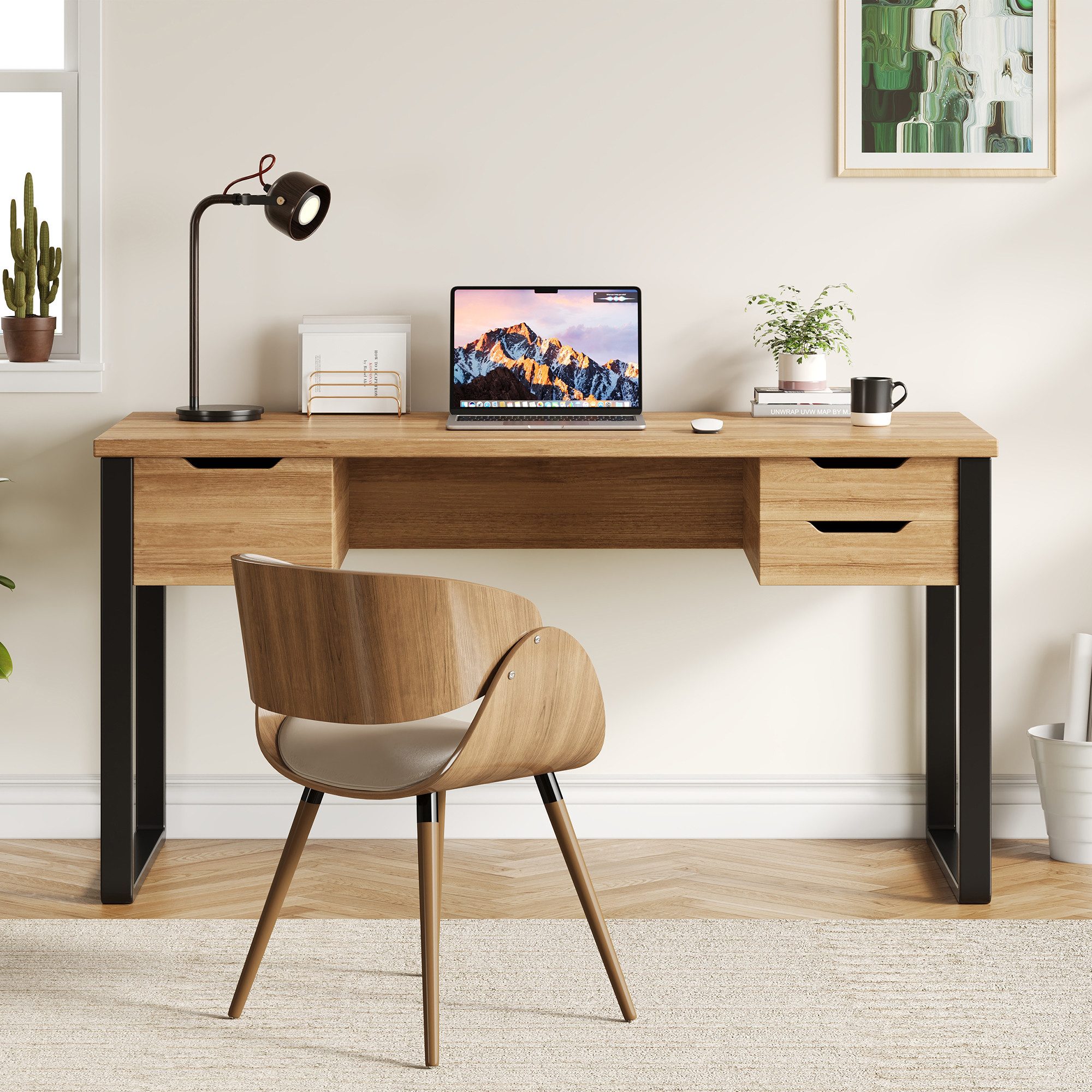 MODFU Schreibtisch minimalistischer Schreibtisch (robuste Schubladenschienen, drei Schubladen zur Aufbewahrung, Holzfarbe + Schwarz., 1-St., 130*55*76cm)