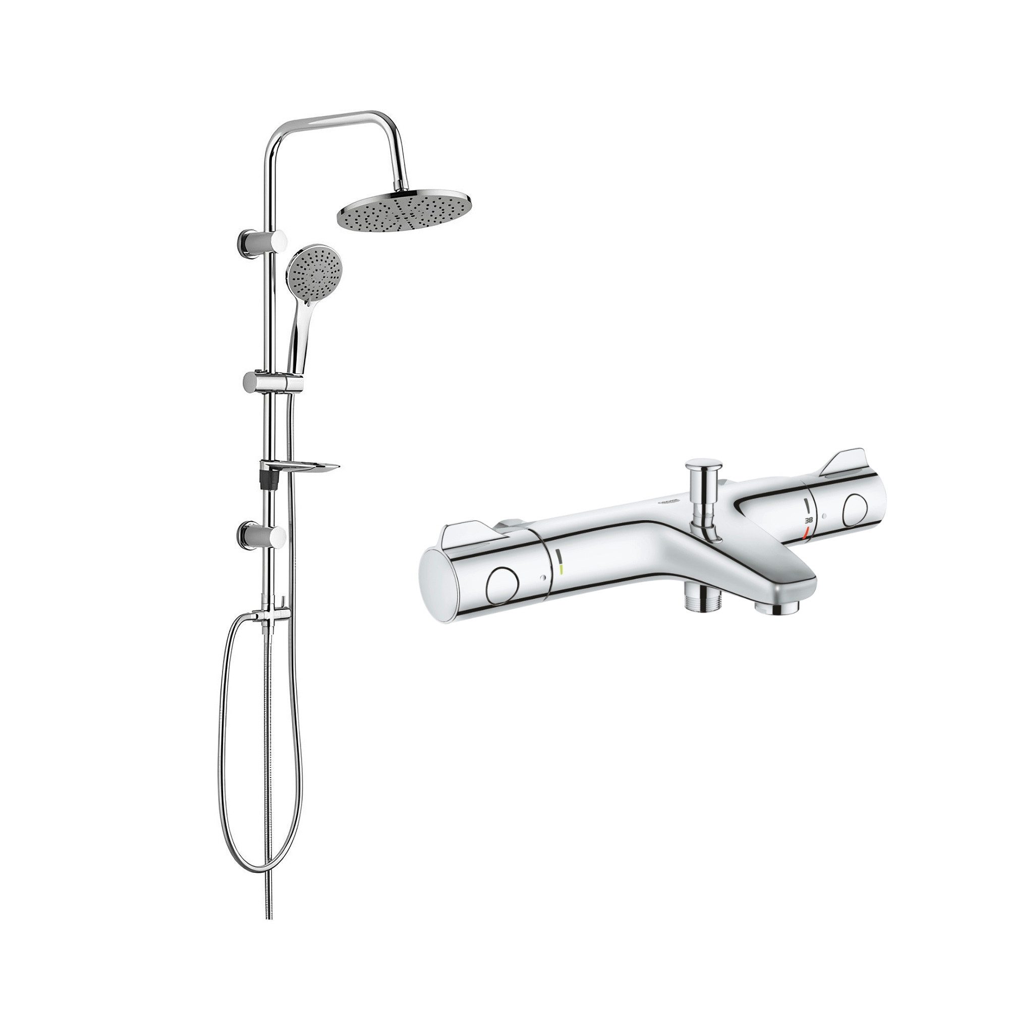 Grohe Duscharmatur Grohtherm 800 Set mit Thermostat Wannenarmatur chrom Duschset (Spar-Set) mit Regendusche, 20 cm Handbrause Grau & Duschstange, 3 Stahlarten