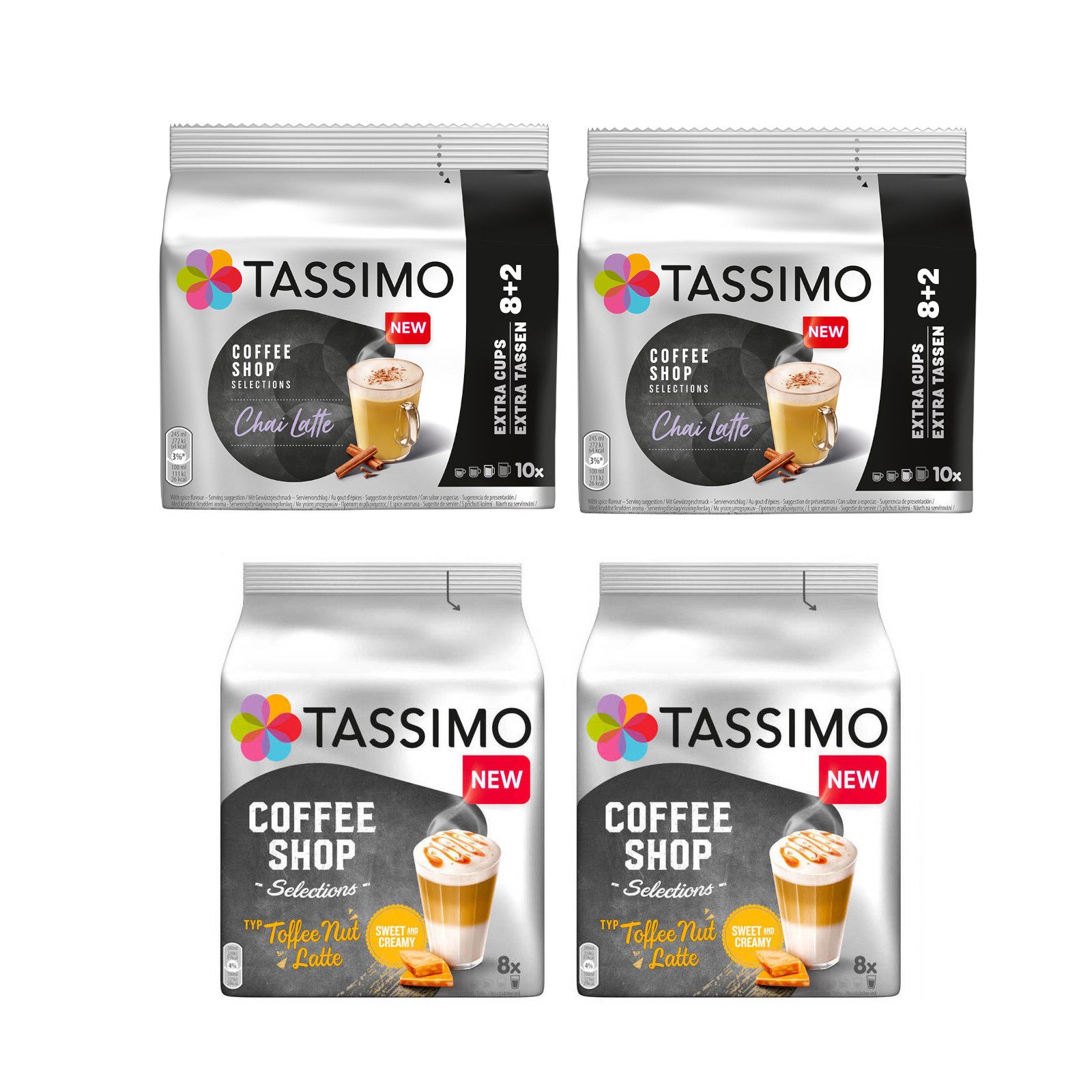 TASSIMO Kaffee T-Disc Coffee Shop Selections Chai Toffee Nut Latte 36 Getränke, (Packung, 4er Pack), Chai Latte + Toffee Nut Latte angesagte Coffee Shop Spezialitäten