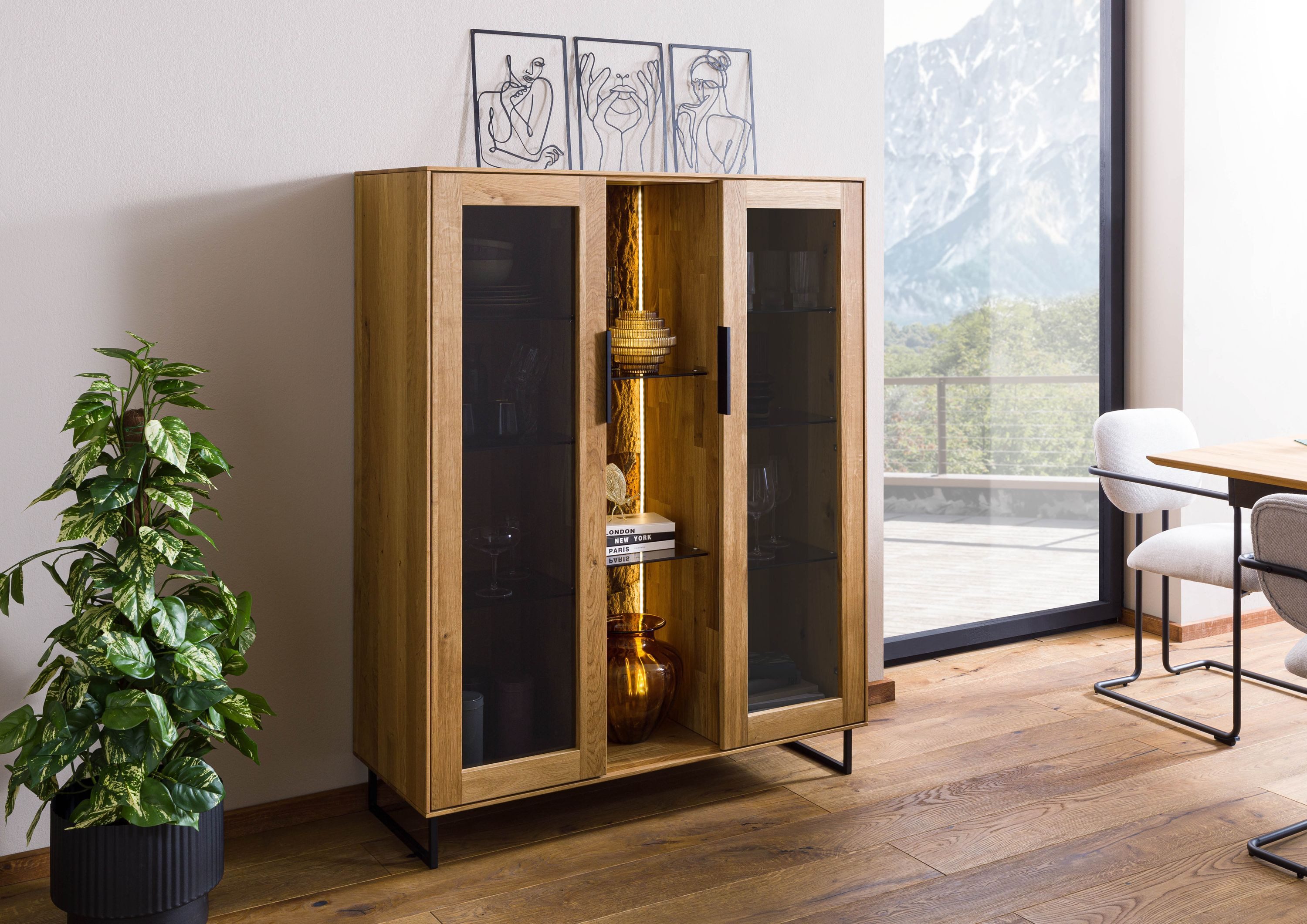 Massivmoebel24 Highboard LINDAU (Massivholz), Wildeiche 112x43x145 natur geölt LINDAU #18