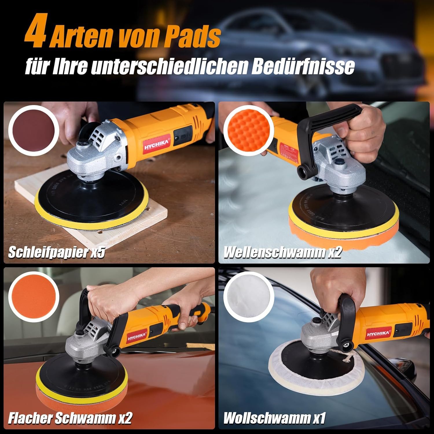 HYCHIKA BETTER TOOLS FOR BETTER LIFE Poliermaschine HYCHIKA Autopoliermaschine 1580 W, Autopolierset, 500 min. U/min, 3500 max. U/min