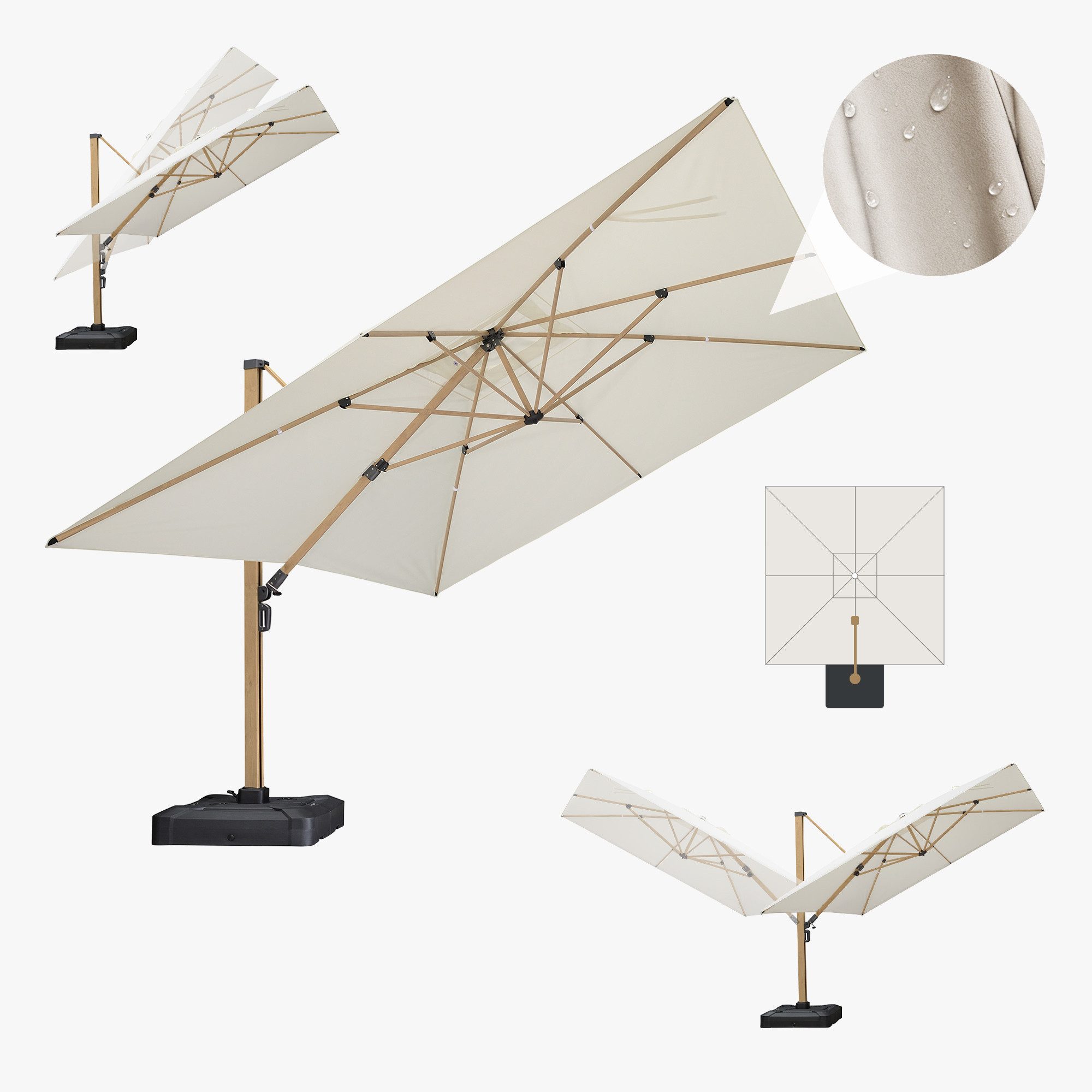 PURPLE LEAF Sonnenschirm Großer windfester quadratischer Ampelschirm, Teak-Aluminiumgestell, LxB: 365,00x365,00 cm, 360° drehbar