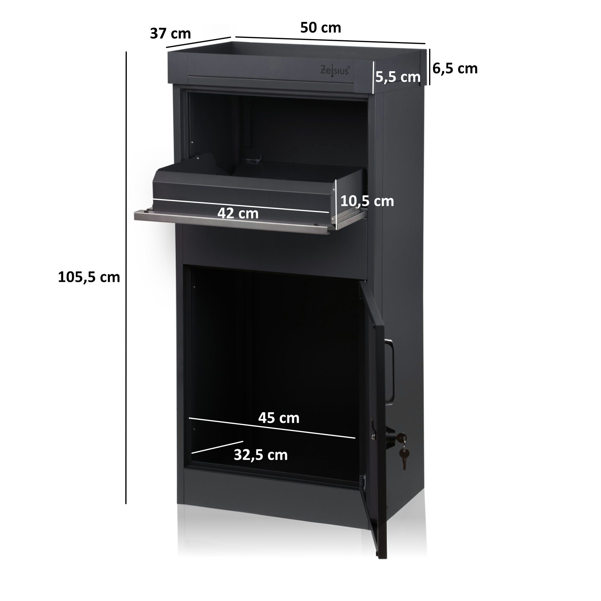 Zelsius Paketbriefkasten Pluto, pulverbeschichteter Stahl, RAL7016 mit Diebstahlsperre