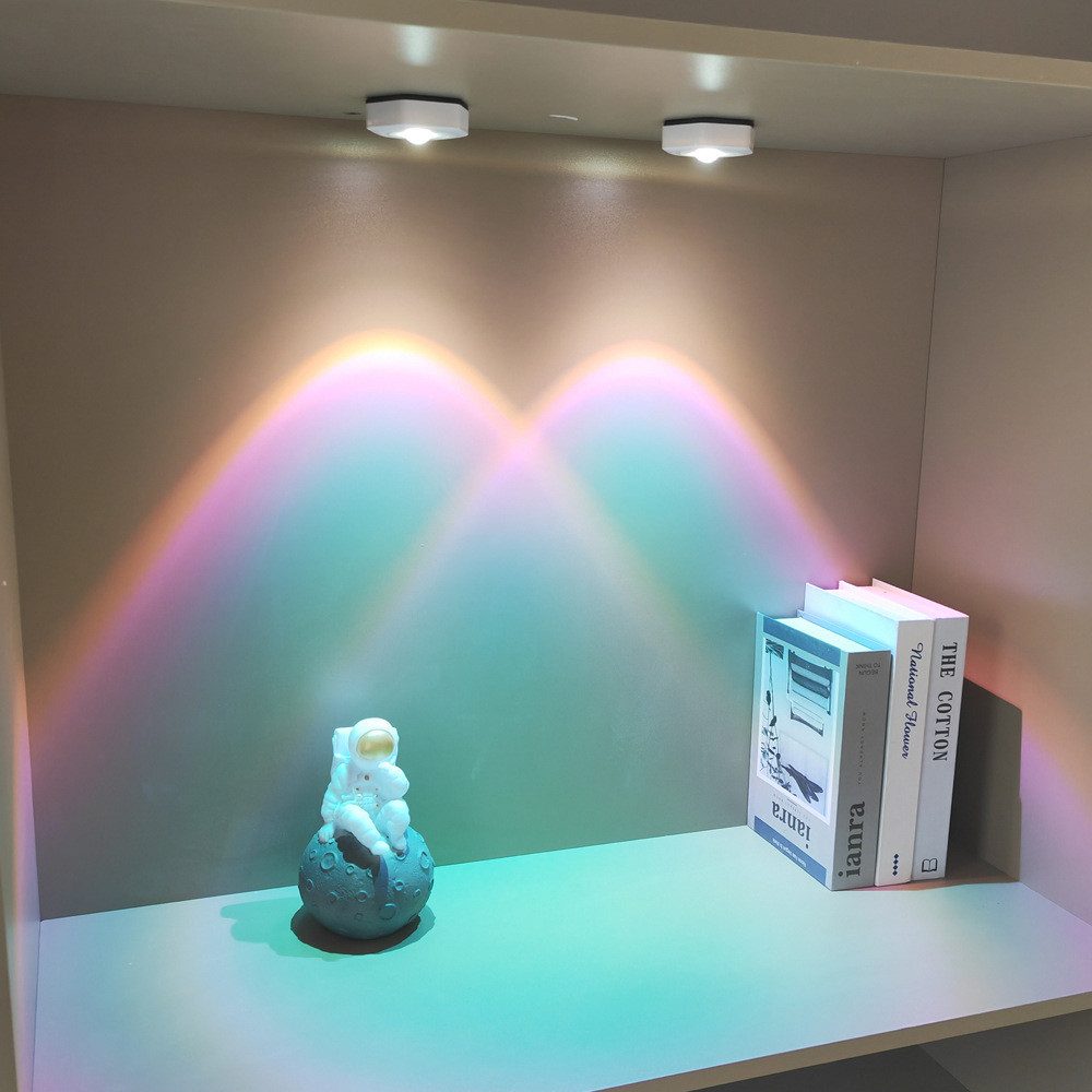 MUPOO Unterschrankleuchte LED-Spots Batteriebetrieben 1/2/4er-Pack, Kabellose Schrankbeleuchtung, Regenbogen, LED fest integriert, 6 Farben Dimmbar & Selbstklebend für Küche, Flur, Vitrine