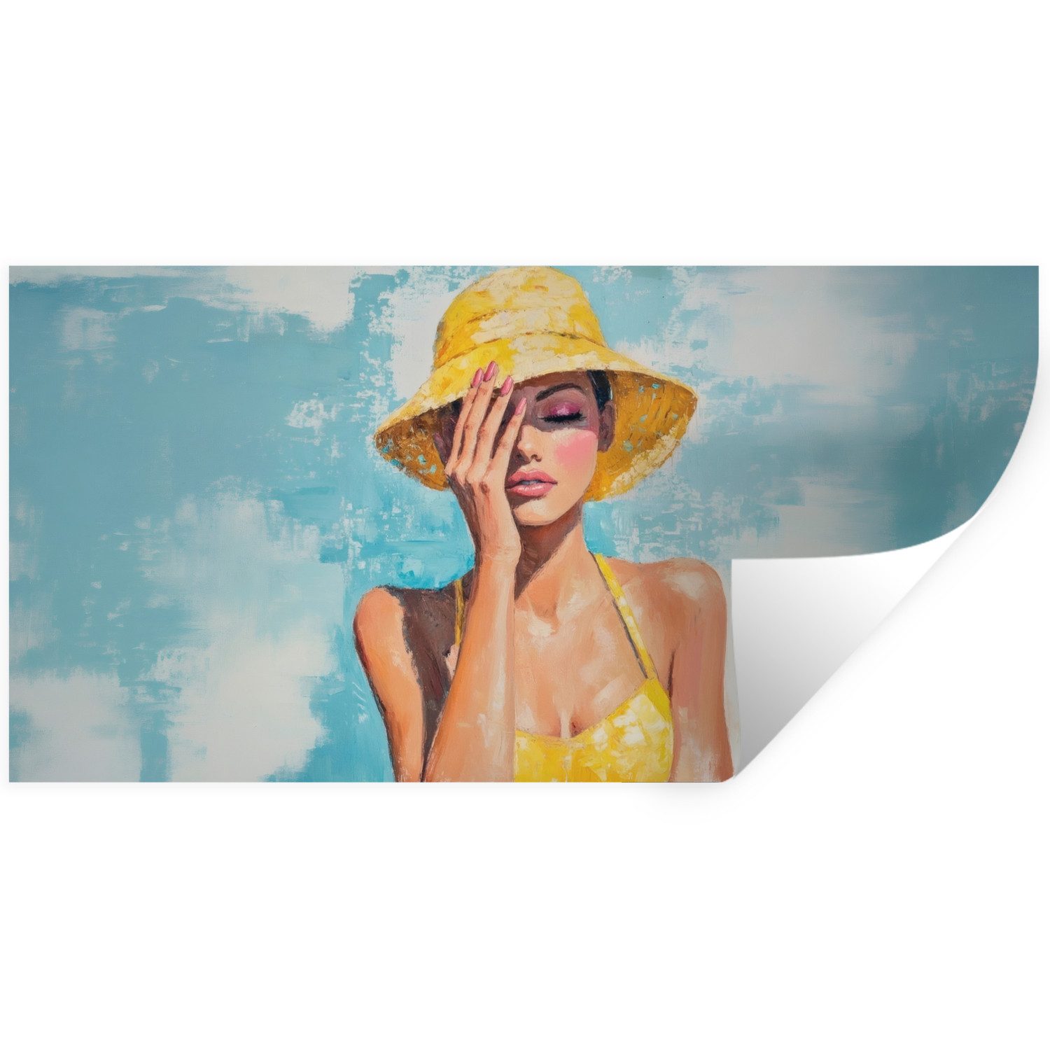 MuchoWow Wandsticker Kunstdrucke - Frau - Hut - Gelb (1 St), Sticker für die Wohnzimmer und Schlafzimmer, 160x80 cm