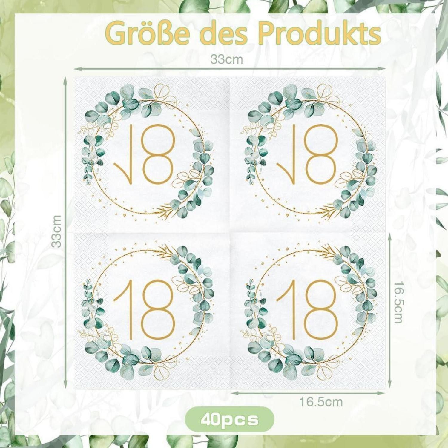 LuxusKollektion Papierserviette Servietten 40 Stück Eukalyptus Gold Grün 18. Geburtstag Servietten