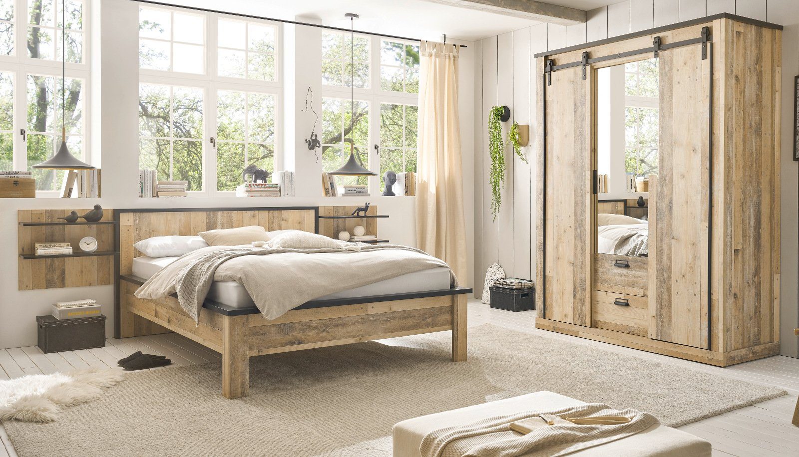 Furn.Design Komplettschlafzimmer Stove, (in Used Wood, Komplett-Set, Liegefläche 140 x 200 cm), mit Schiebetüren, Soft-Close-Funktion
