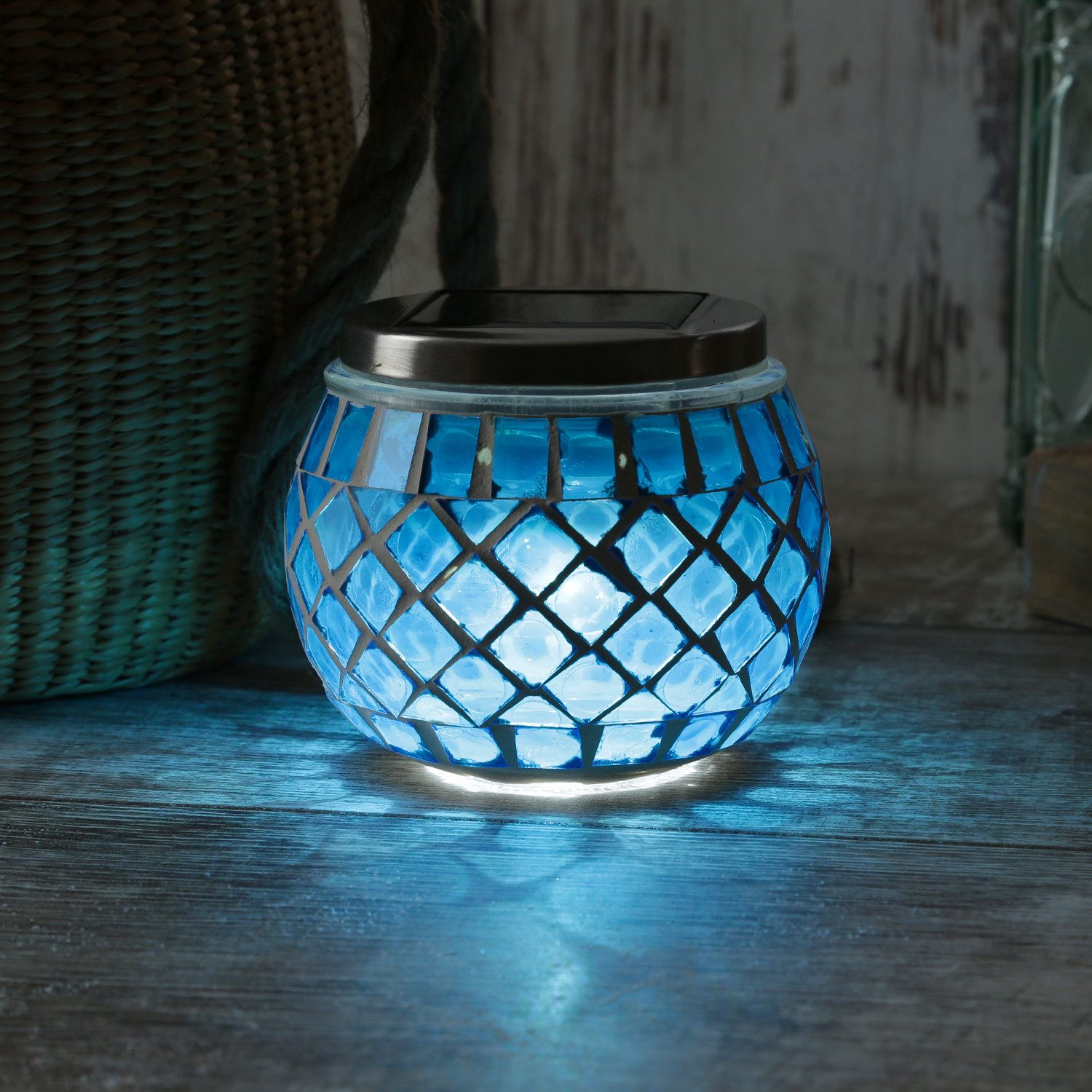 MARELIDA LED Solarleuchte Solar Windlicht Mosaik Glas Solarglas Mosaikleuchte für Balkon blau, LED Classic, kaltweiss (5300K bis 6000K)