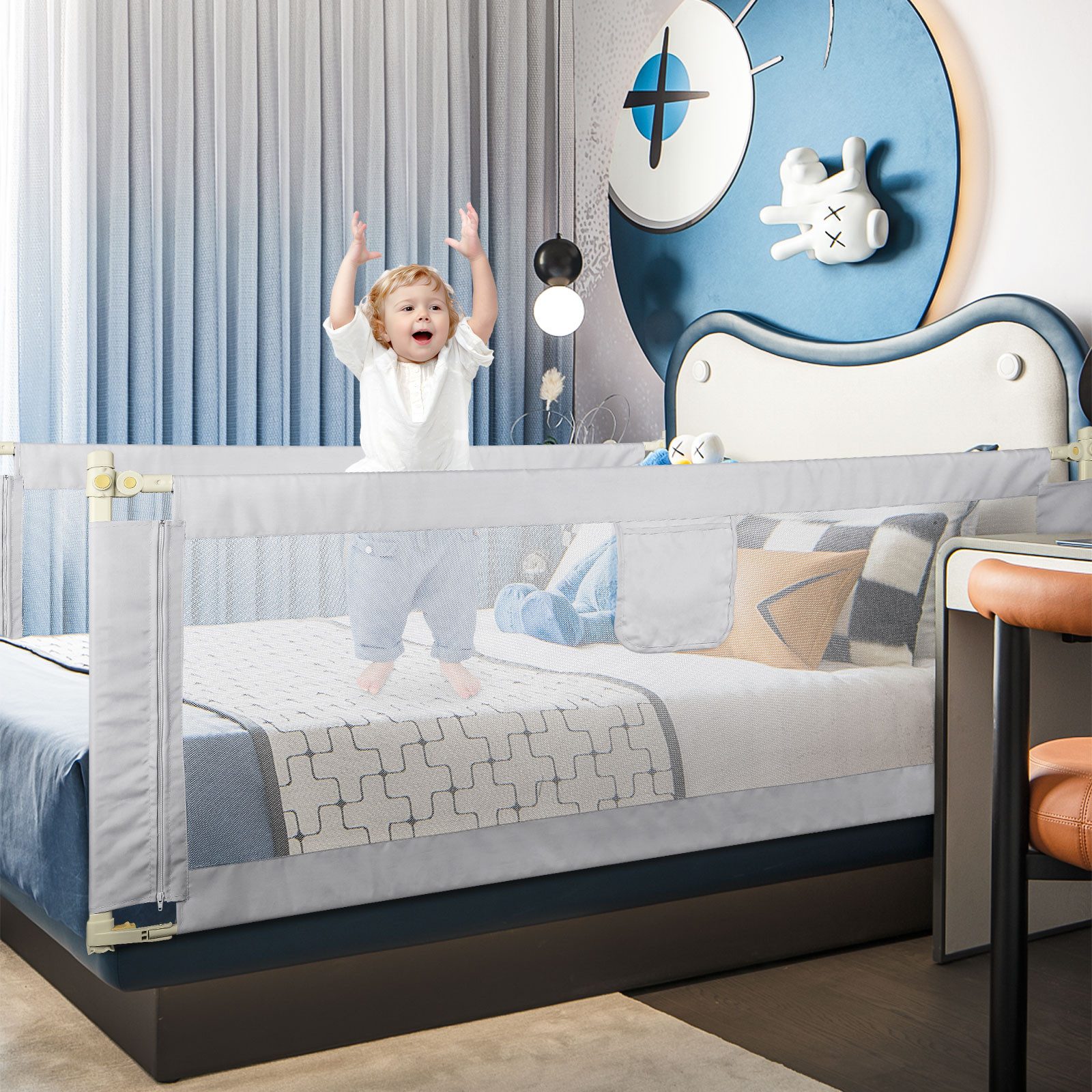 JEOBEST Bettschutzgitter Bettgitter für Kinder Baby Kinderbettgitter Rausfallschutz Bett, 150/180/200cm, Höhenverstellbar 70-100 cm