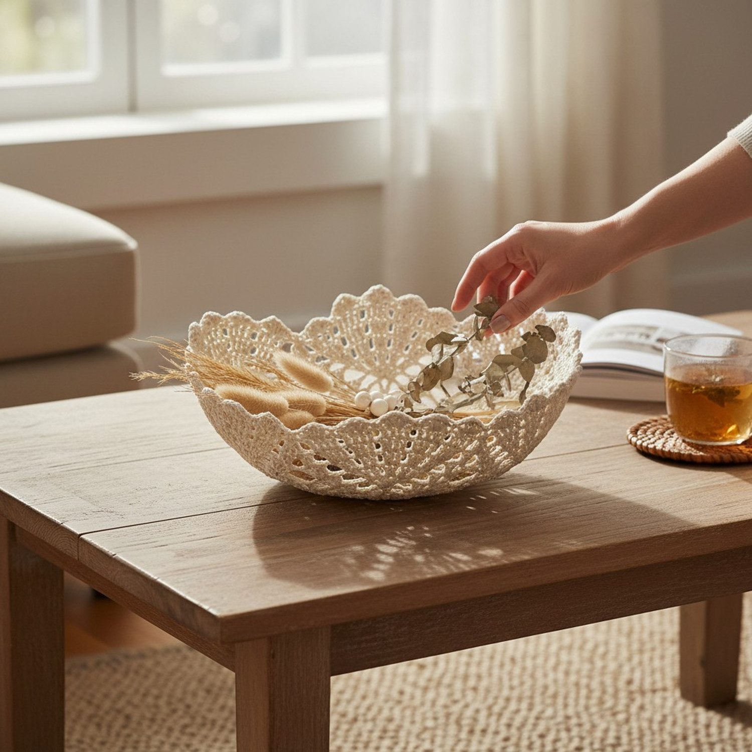 Macosa Home Dekoschale Makramee Baumwolle Beige Natur 30 cm rund (Aufbewahrungsschale Dekoration, Ablageschale Zierkorb), Boho Deko Schale Tischdekoration – Bild 4 von 4