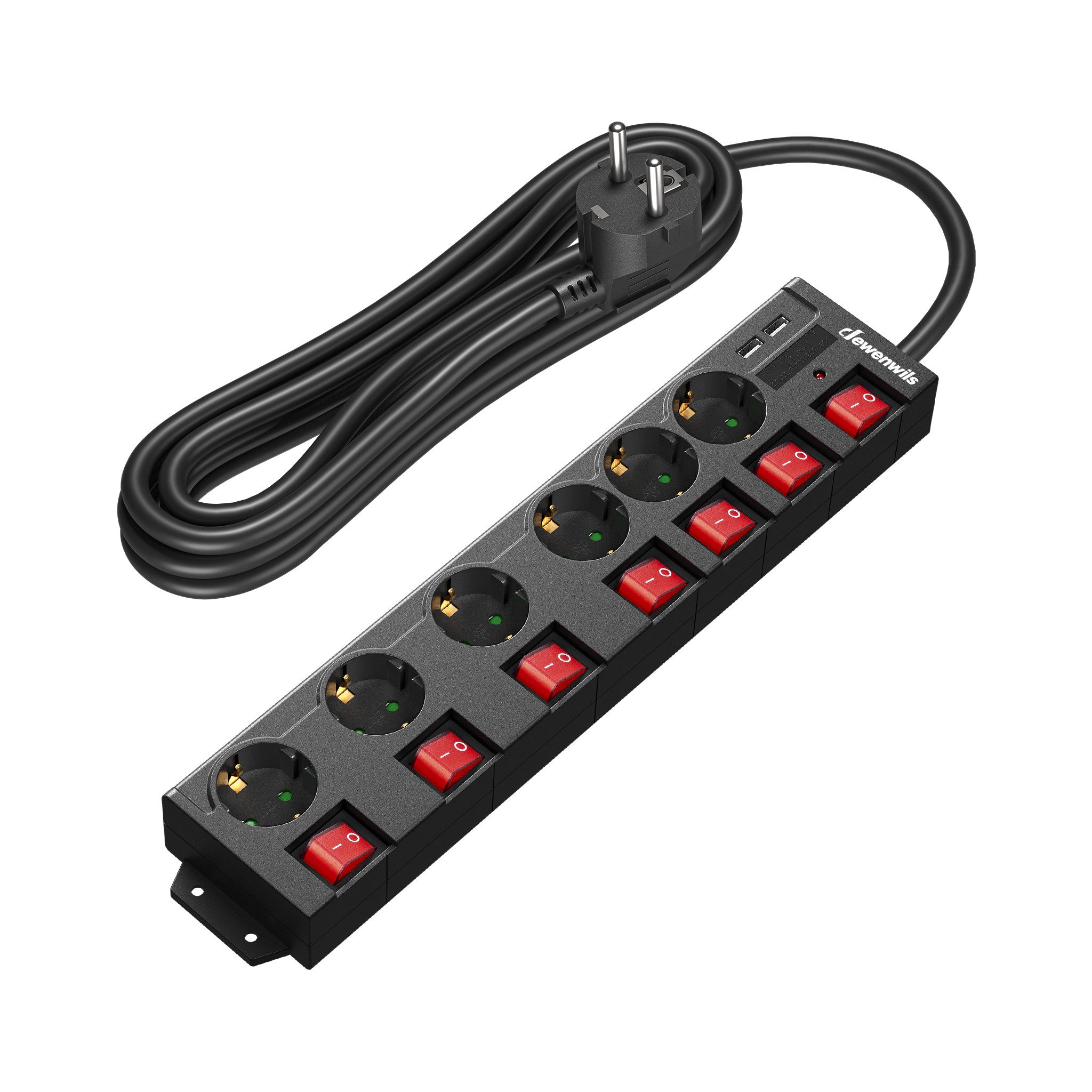 DEWENWILS Steckdosenleiste 6-fach (USB-Anschlüsse, Kindersicherung, Überspannungsschutz, Kabellänge 5 m), Steckdosenleiste einzeln schaltbar mit USB, 90° Gedreht