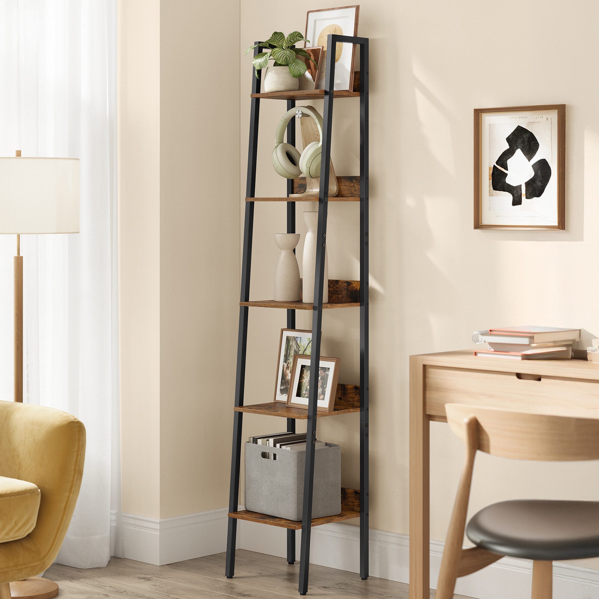 VASAGLE Standregal Bücherregal, Leiterregal mit 5 Ebenen, schmales freistehendes, Regal für Arbeitszimmer, Wohnzimmer, Industrie-Design, 33,8x170x30 cm