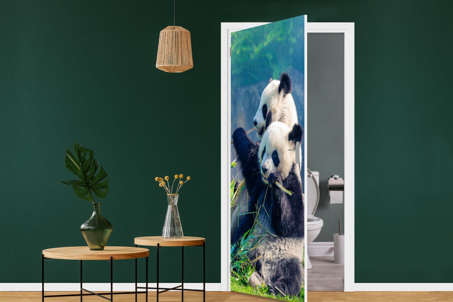 St), Bambus Tür, Panda für - Tiere, (1 cm Gras Türaufkleber, Türtapete Fototapete - bedruckt, - 75x205 MuchoWow Matt,