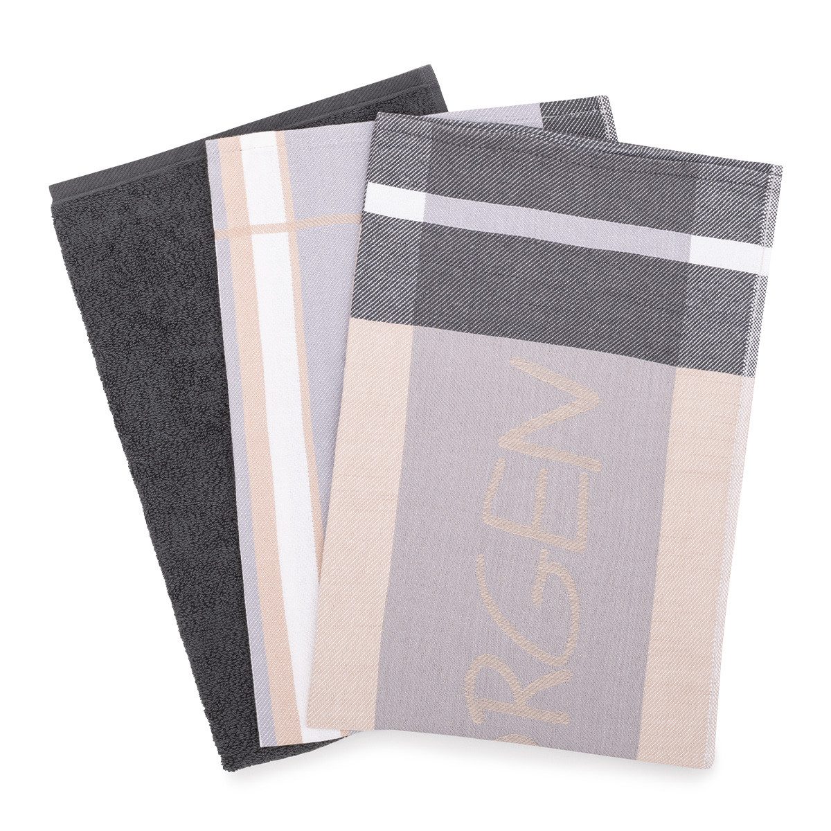 ROSS Geschirrtuch Guten Morgen, (Spar-Set, 3-tlg., 2 X Geschirrtuch (50 X 70cm), 1 X Küchentuch (50 X 50cm), 2 X Geschirr- 1 X Küchentuch im Set - Baumwolle