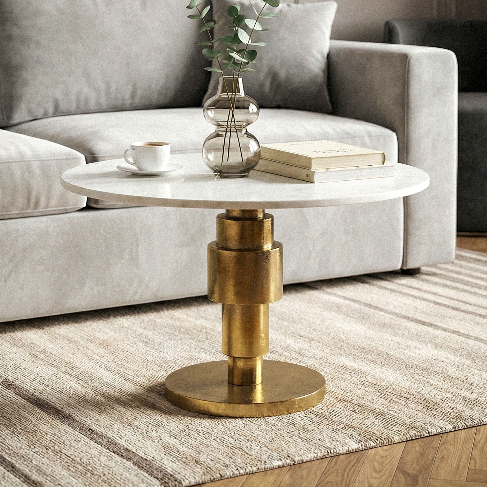 FINEBUY Couchtisch FB74474 60cm Marmor Weiß Sofatisch Beistelltisch Wohnzimmertisch Alu (Eleganter Mittelpunkt für moderne Wohnräume), Stilvoller Tisch mit hochwertiger Verarbeitung