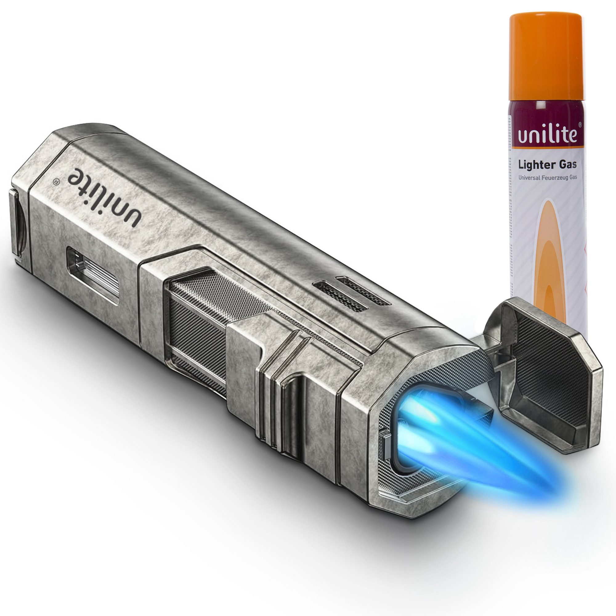 Unilite Feuerzeug Sturmfeuerzeug mit 100ml Gaskartusche, befüllt & nachfüllbar (2-St), windfestes Gasfeuerzeug mit Jetflame, Premium