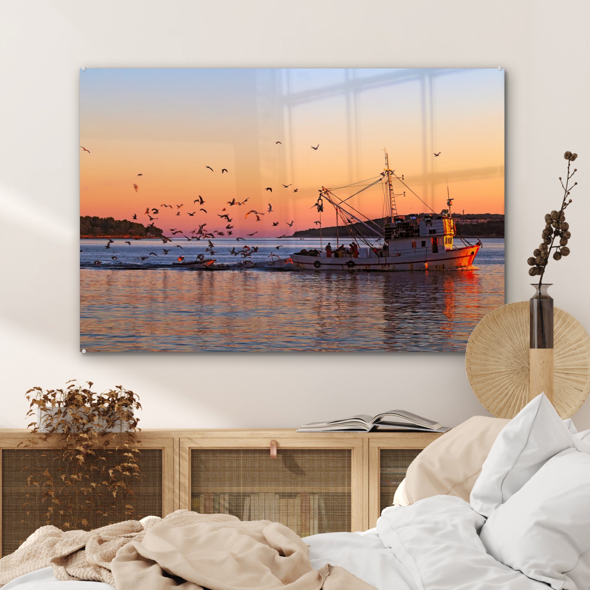 & St), MuchoWow Acrylglasbild Fischerboot Sonnenuntergang, bei Wohnzimmer (1 Acrylglasbilder Schlafzimmer