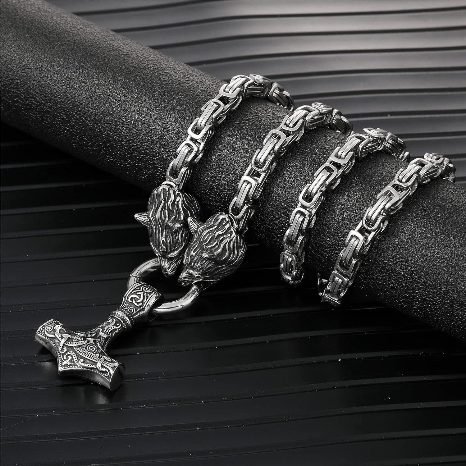 LuxusKollektion Kette mit Anhänger Wikinger Thors Hammer Halskette Edelstahl Runen kette Viking Geschenke – Bild 4 von 5